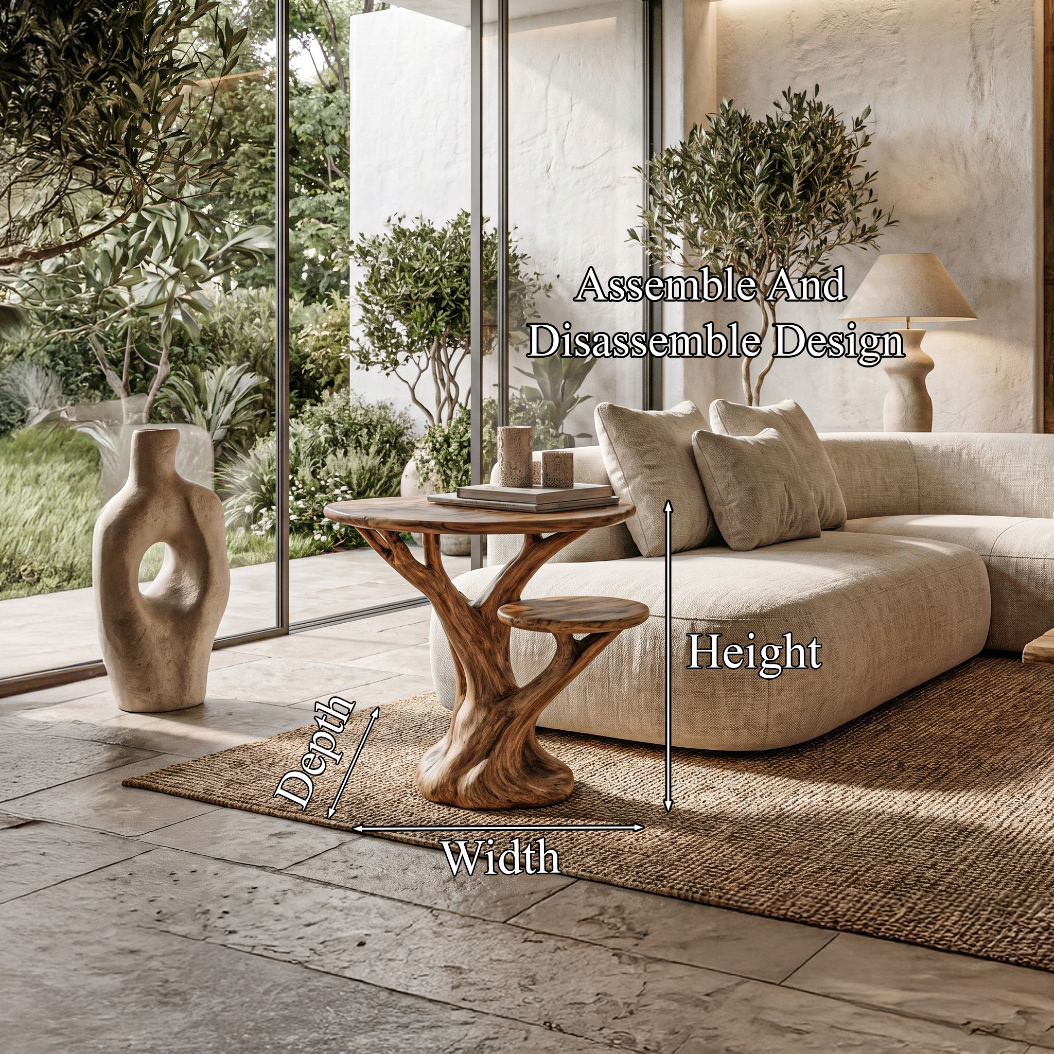 Organic Sculptural Side Table With Tree Inspired Solid Wood Base For Living Room And Bedroom