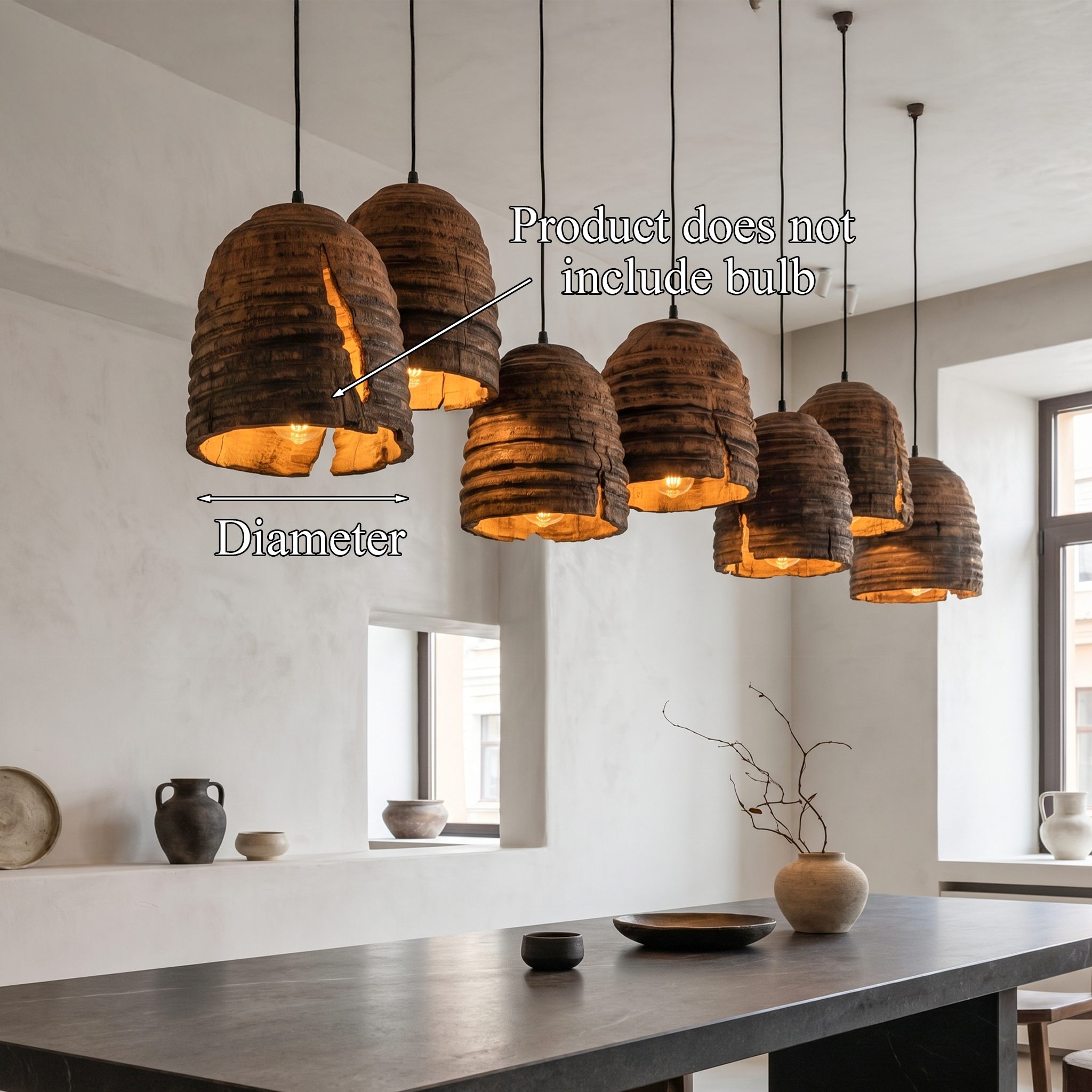 Modern Contemporary Pendant Lamp With Textured Wooden Design For Kitchen Island