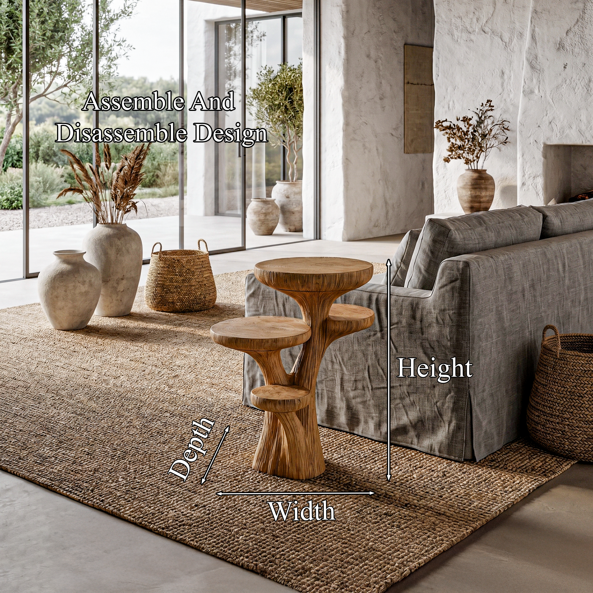 Rustic Sculptural Side Table With Handcrafted Solid Wood Pedestal Base For Living Room And Bedroom