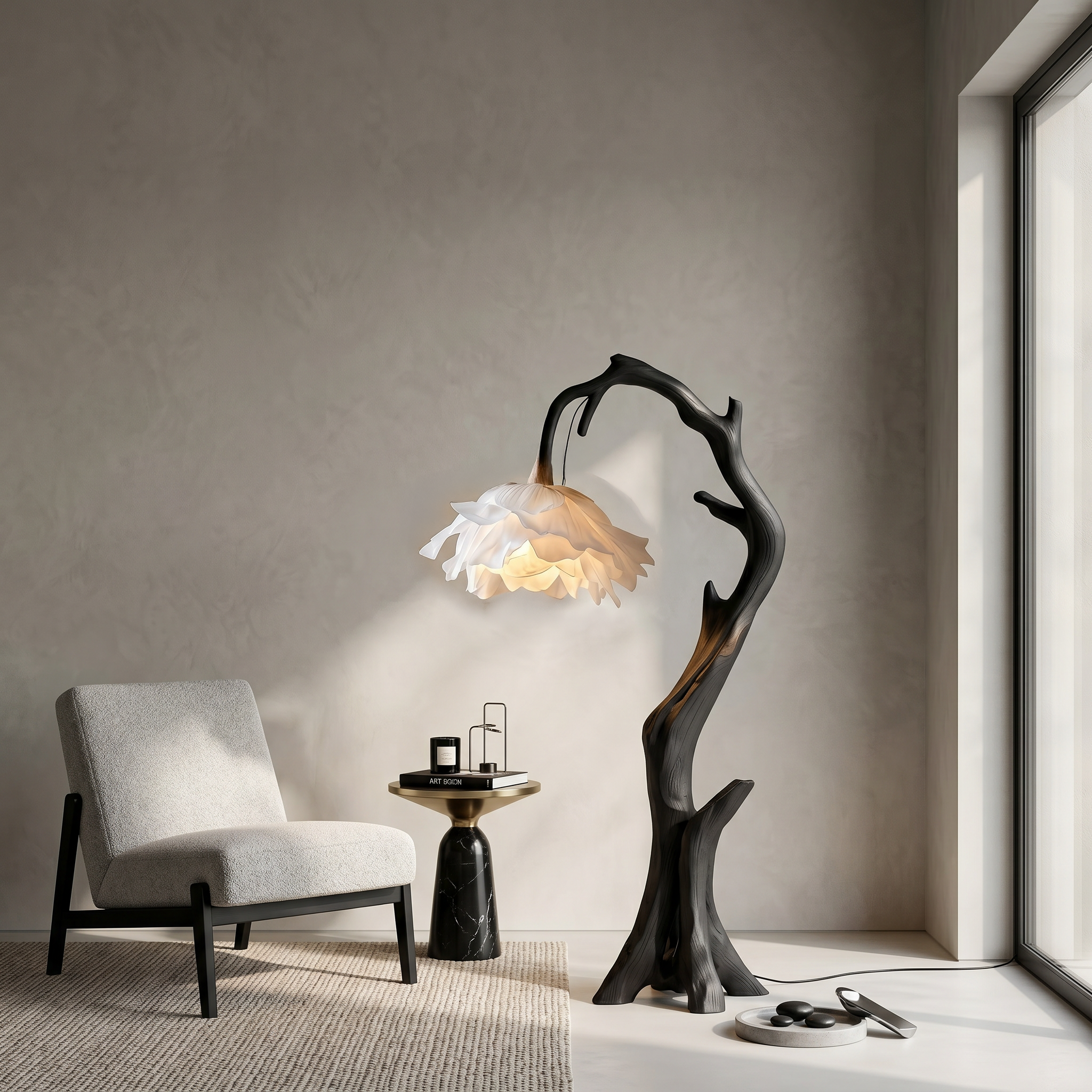 Nature Inspired Flower Floor Lamp With Solid Wood Base For Living Room And Bedroom