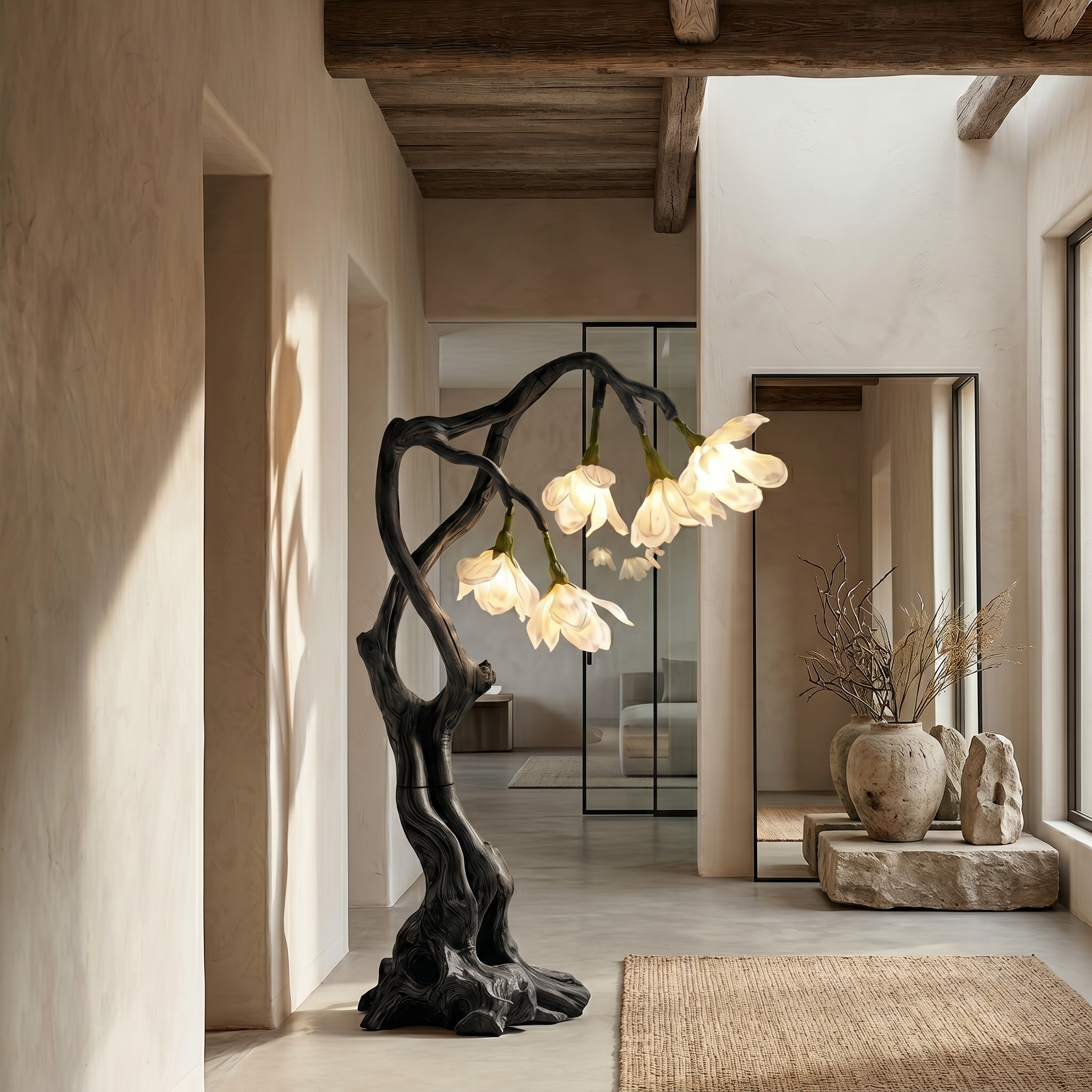 Petal Inspired Floor Lamp With Artistic Wood Base For Living Room And Bedroom