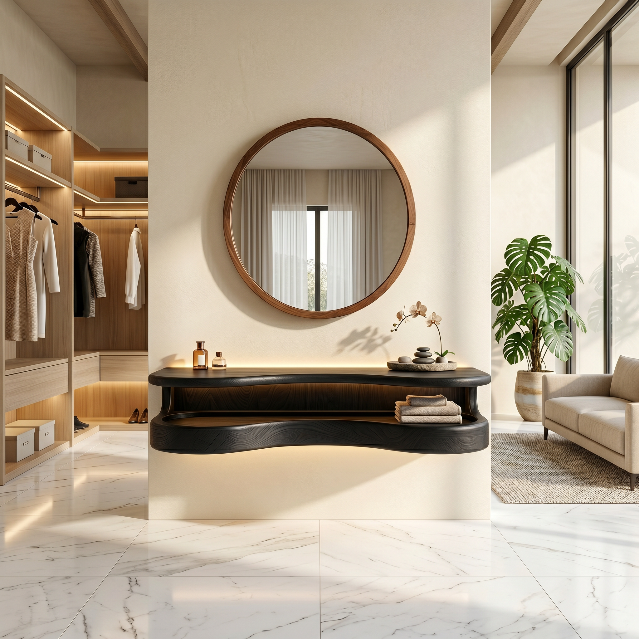 Organic Floating Vanity Desk With Rounded Wood Shelf For Bedroom