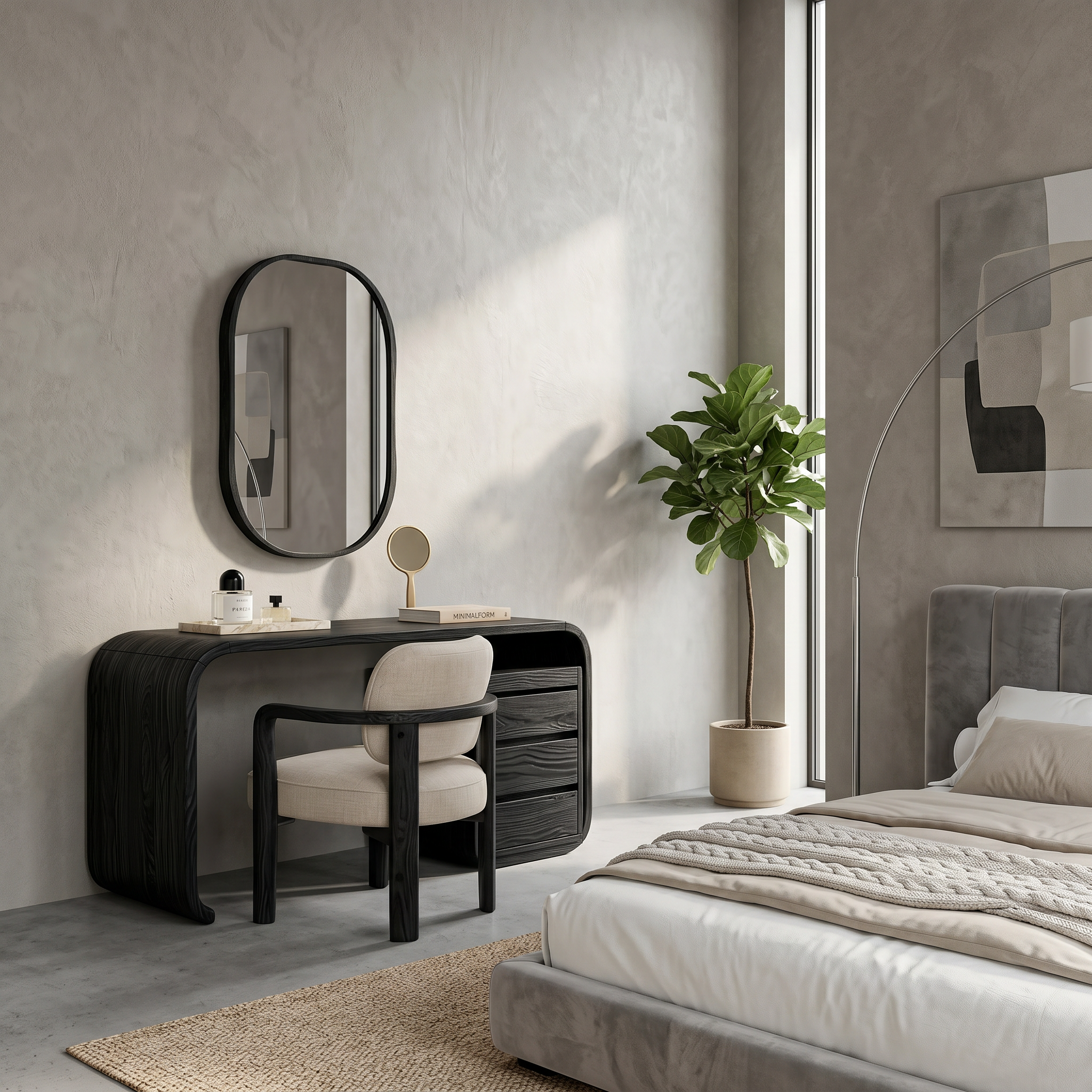 Modern Walnut Vanity Table With Open Shelf Cabinet For Bedroom