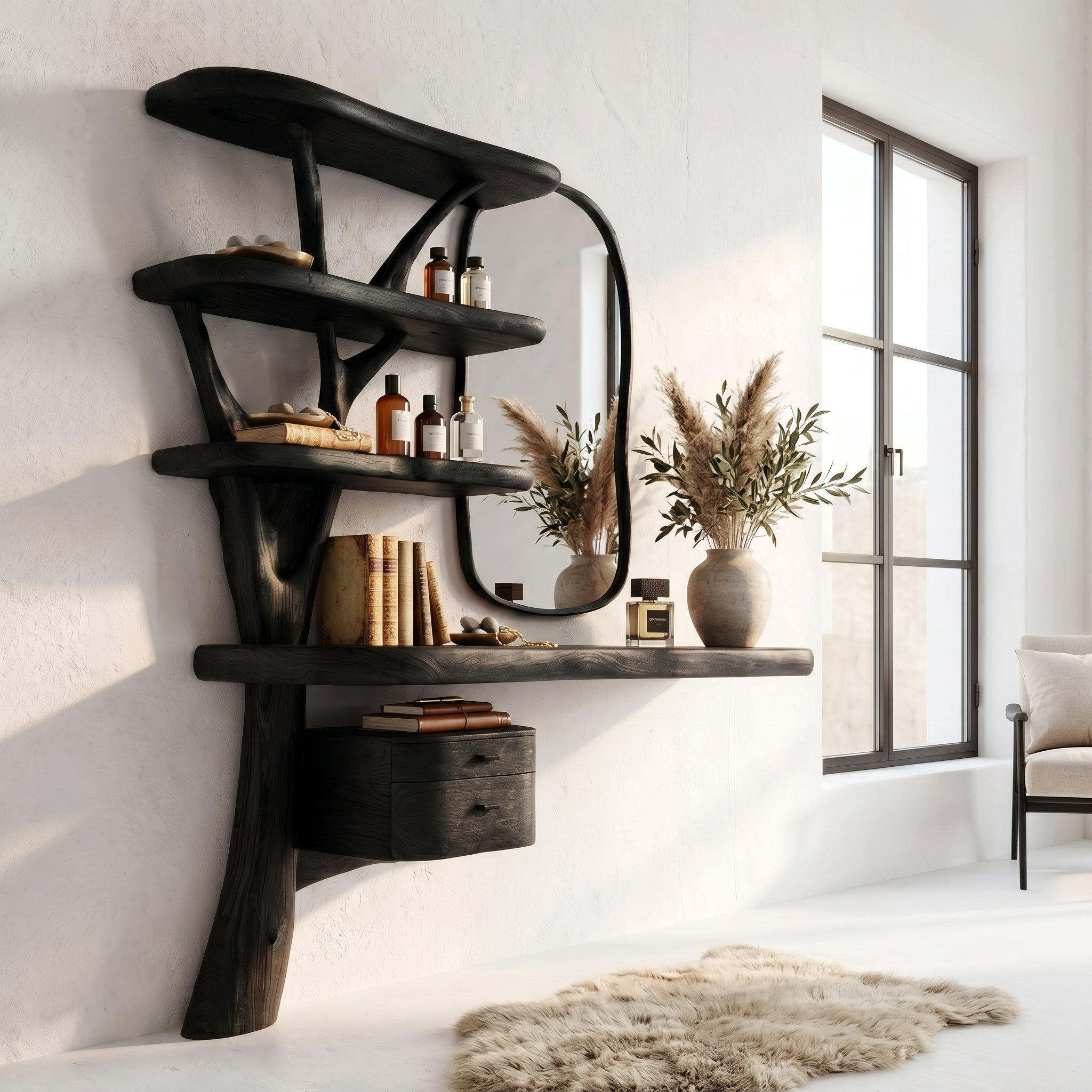 Sculptural Tree Vanity Desk With Curved Wood Shelves For Bedroom