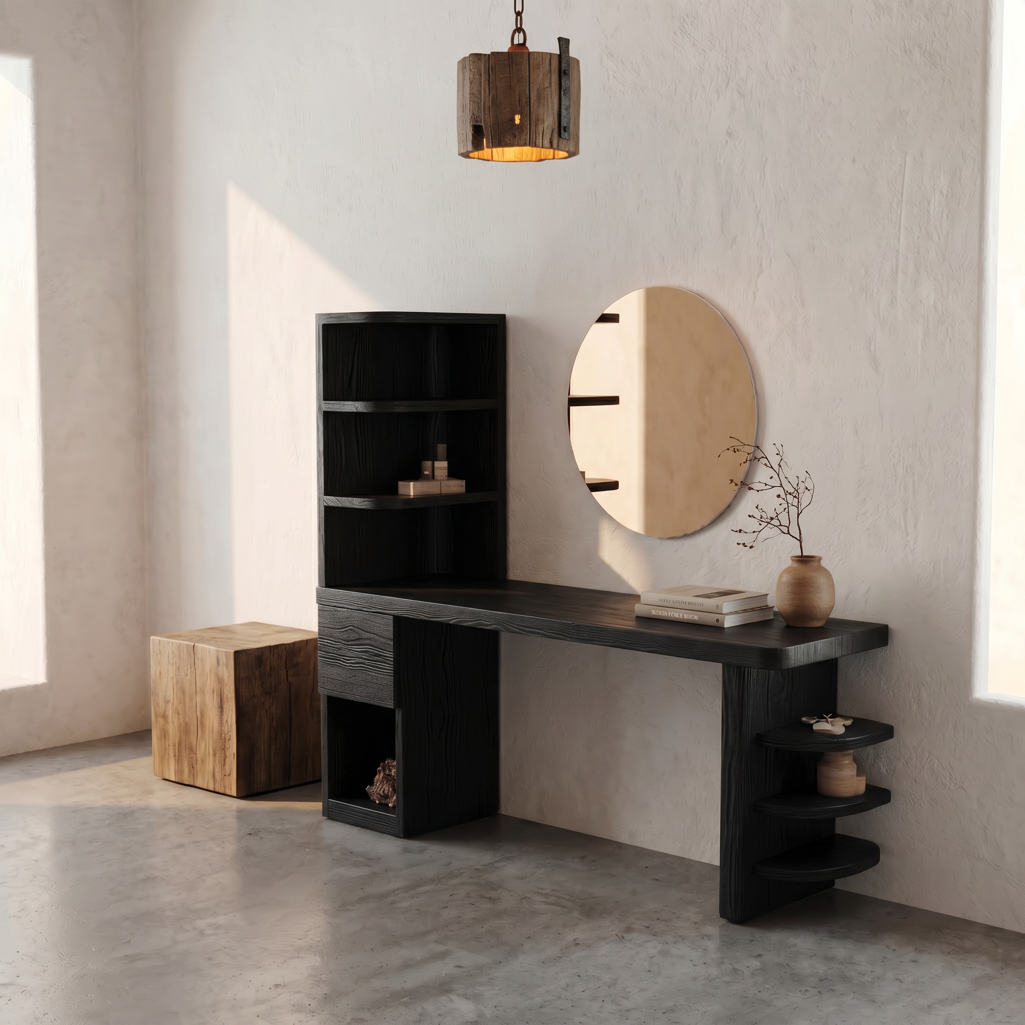 Contemporary Corner Makeup Vanity With Vertical Storage Shelves For Bedroom