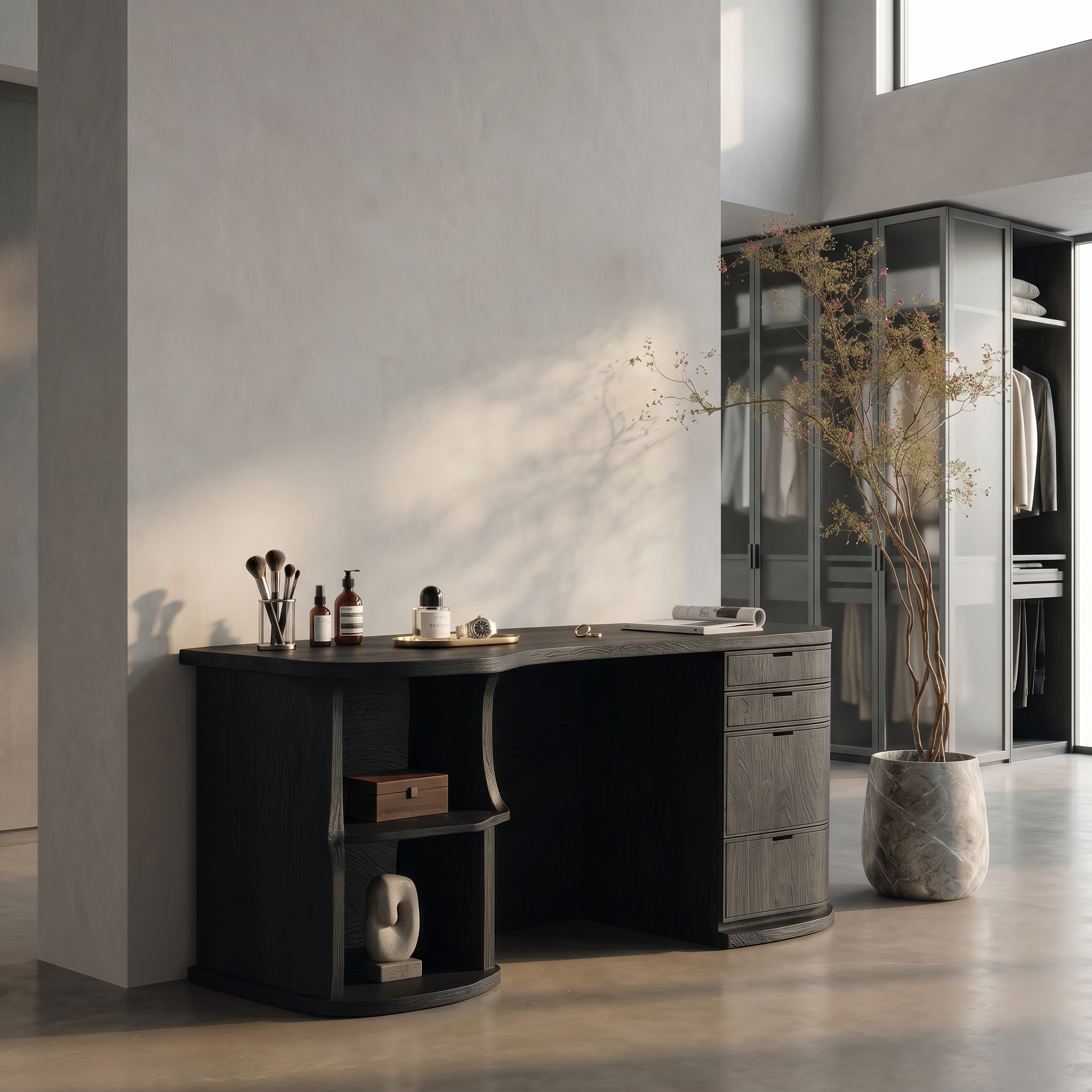 Rustic Vanity Desk With Built In Storage Cabinet For Bedroom