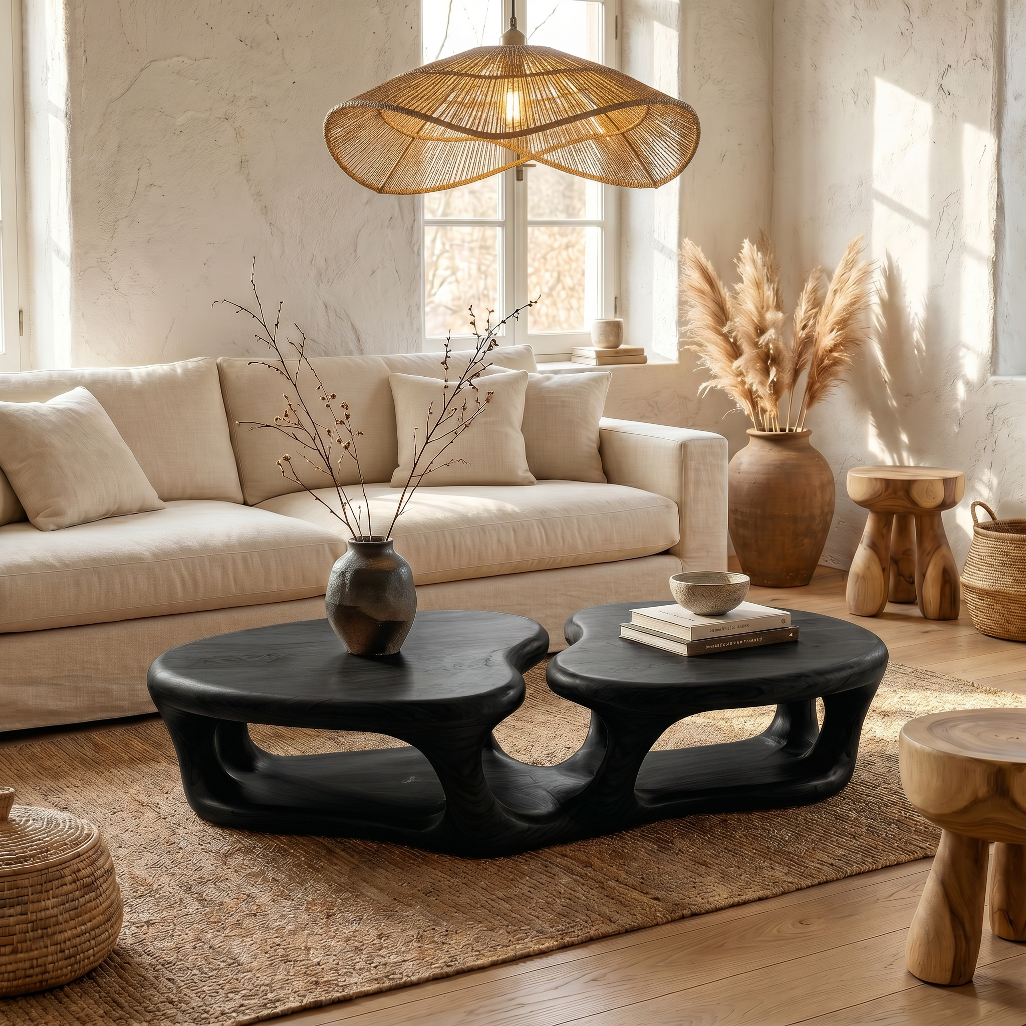 Sculptural Coffee Table With Open Wood Structure For Living Room Decor