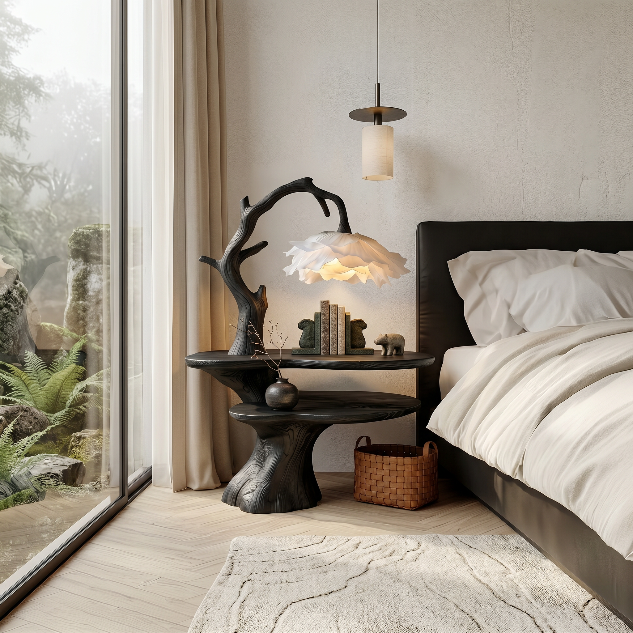 Natural Bedside Table With Floral Lamp And Tree Branch Form For Bedroom And Guest Room