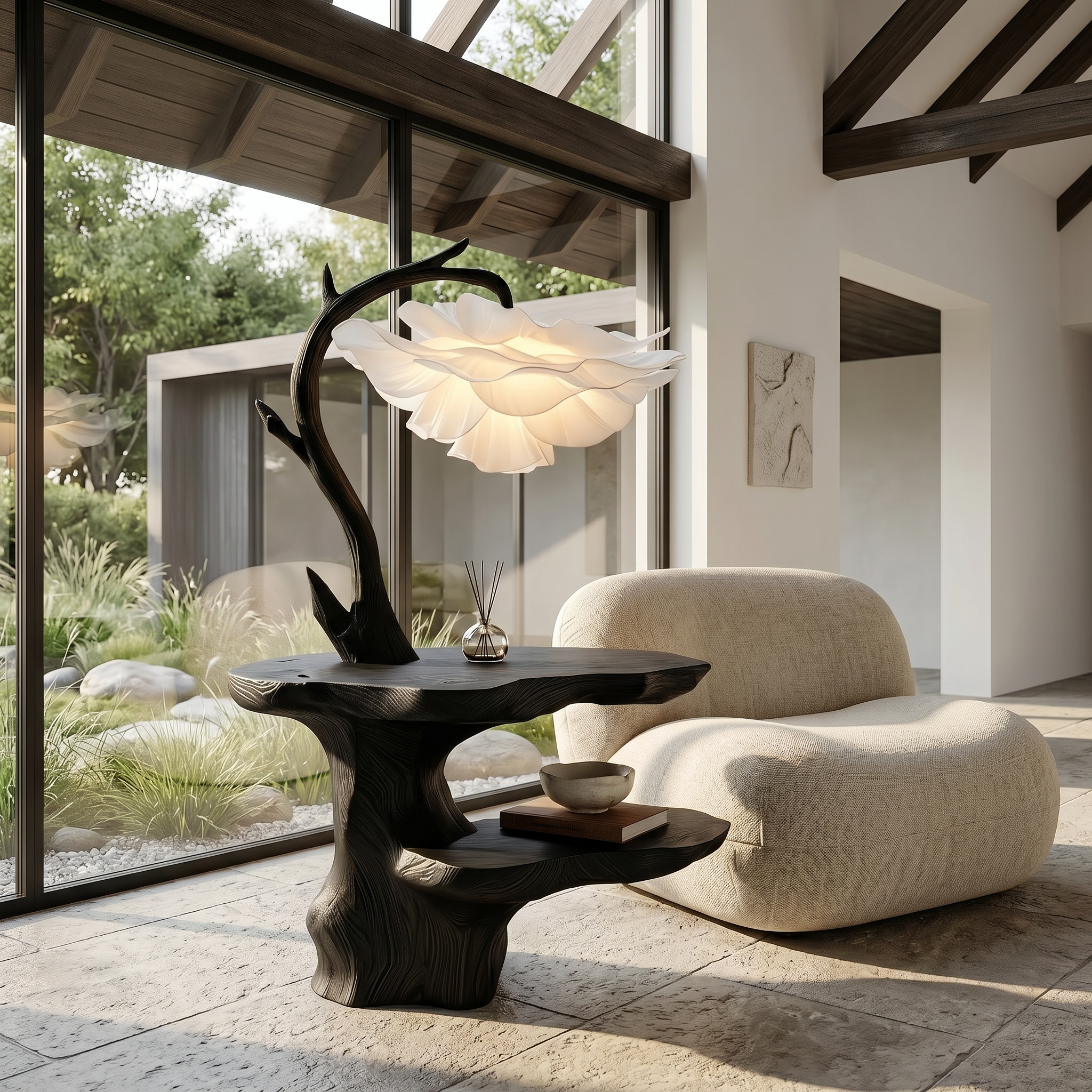 Organic End Table With Flower Lamp And Tree Branch Design For Bedroom And Reading Nook