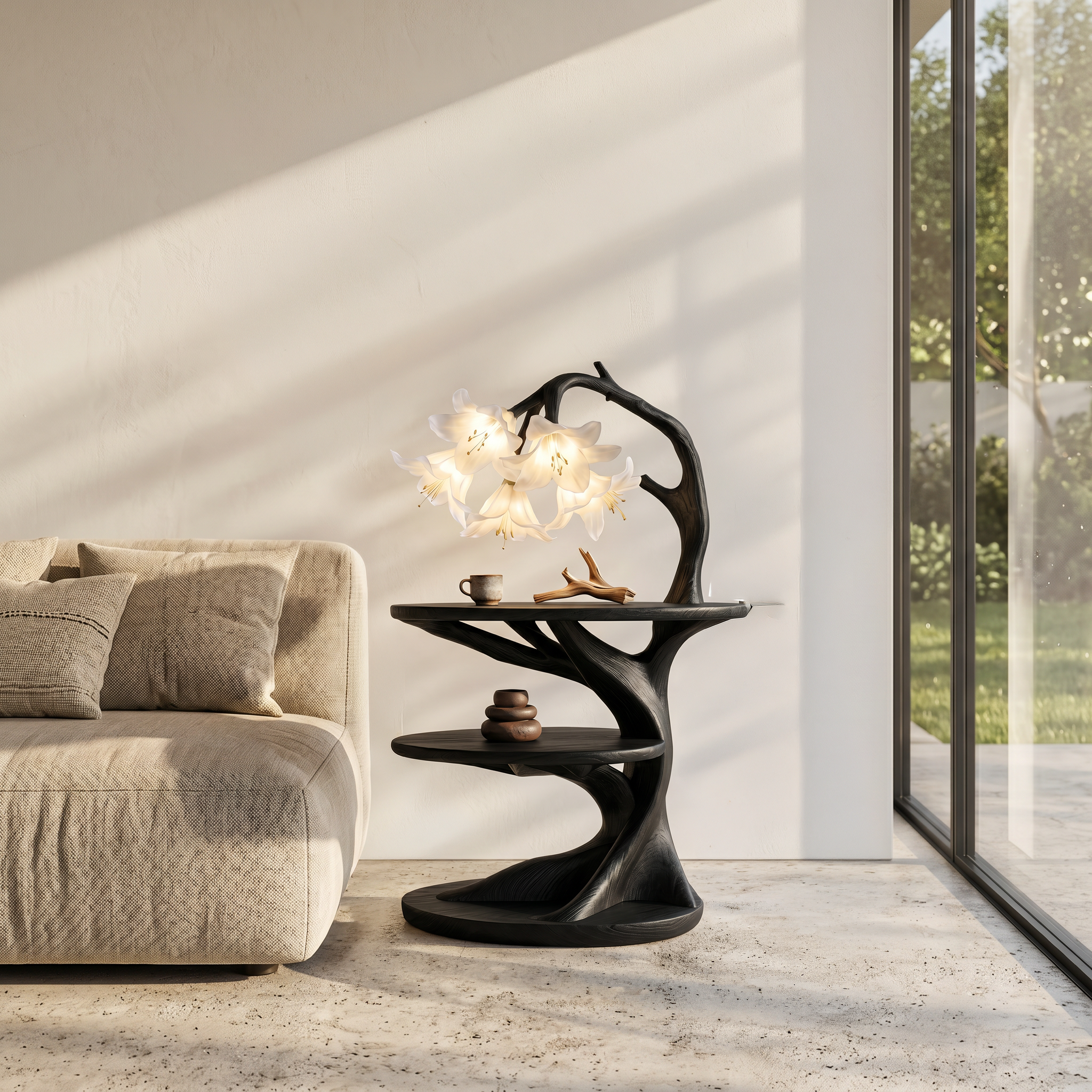 Rustic Side Table With Flower Shade Lamp For Bedroom And Living Room