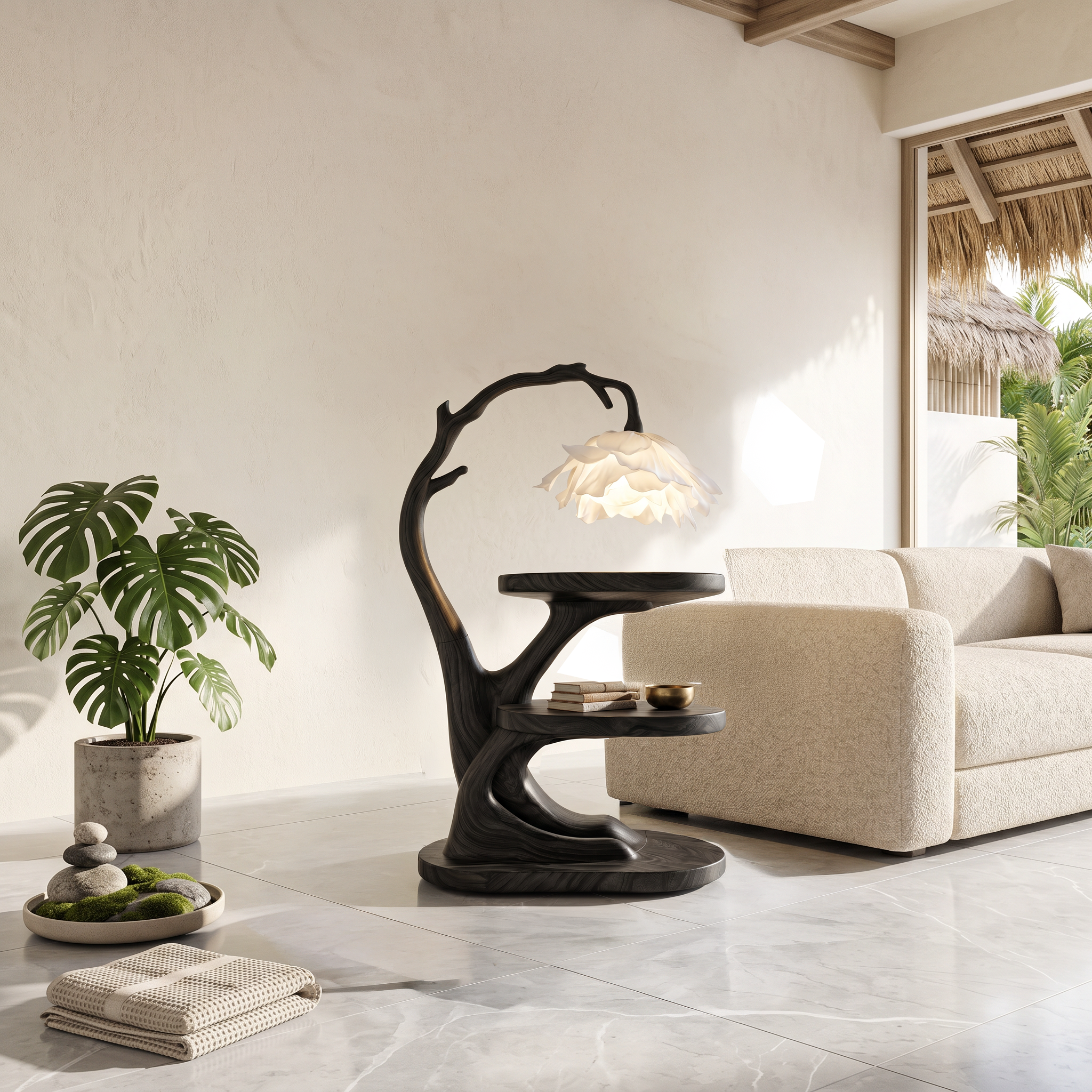 Organic Bedside Table With Sculptural Flower Lamp For Bedroom And Reading Nook