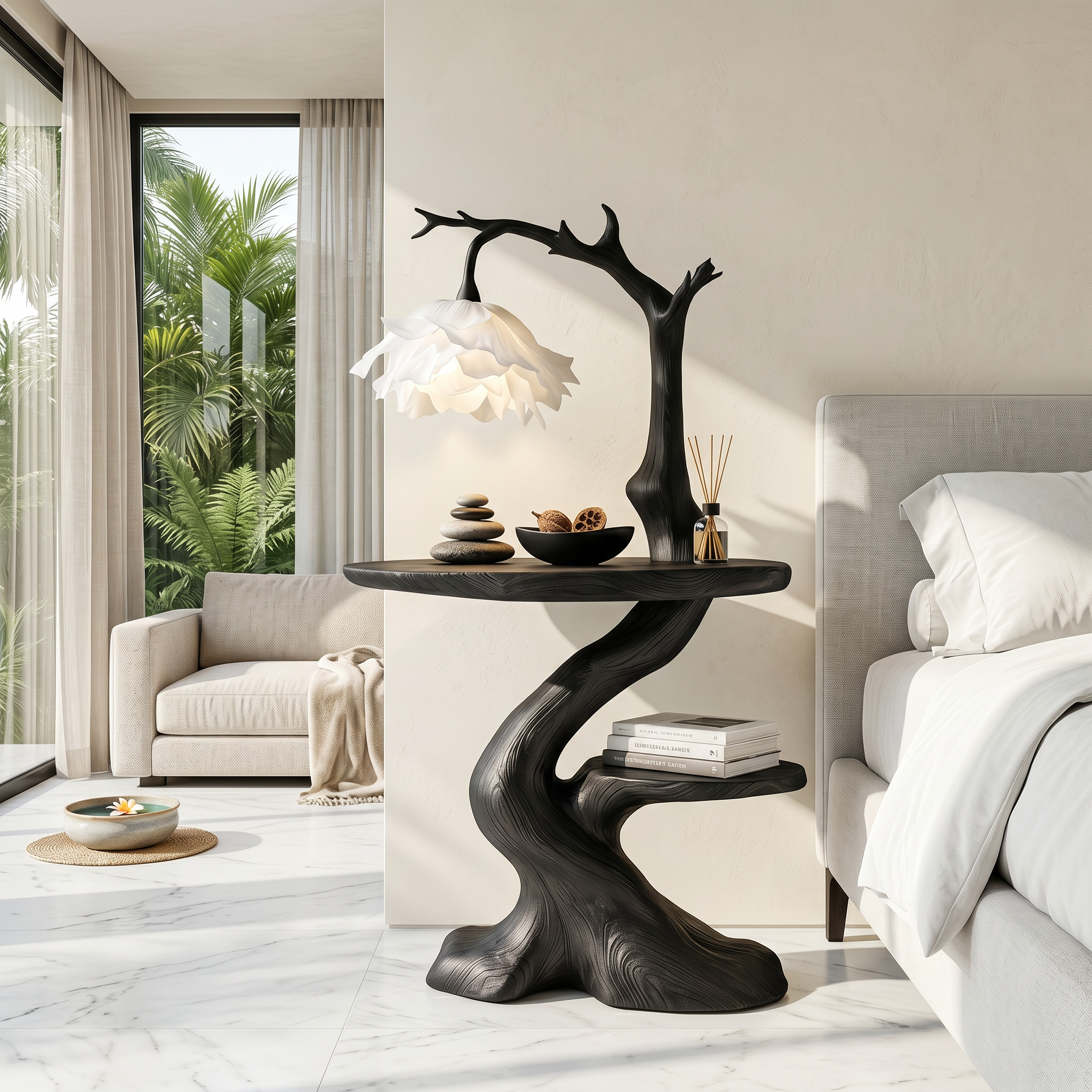 Modern End Table With Tree Branch Lamp Design For Bedroom And Living Room