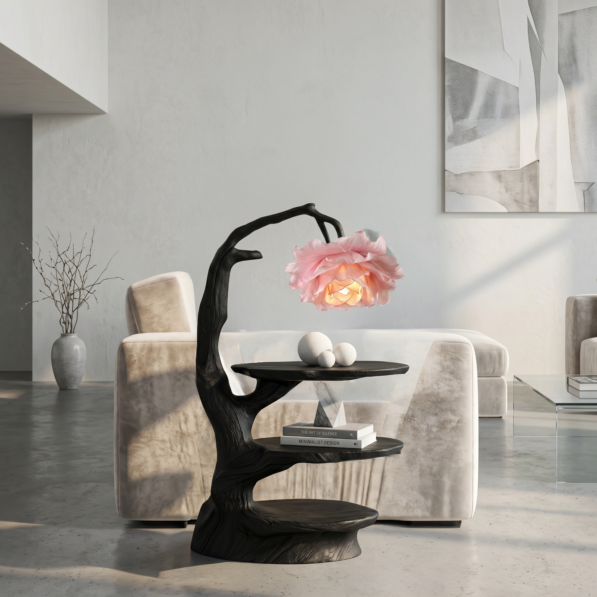 Natural End Table With Tree Branch Form And Flower Lamp For Bedroom And Reading Nook