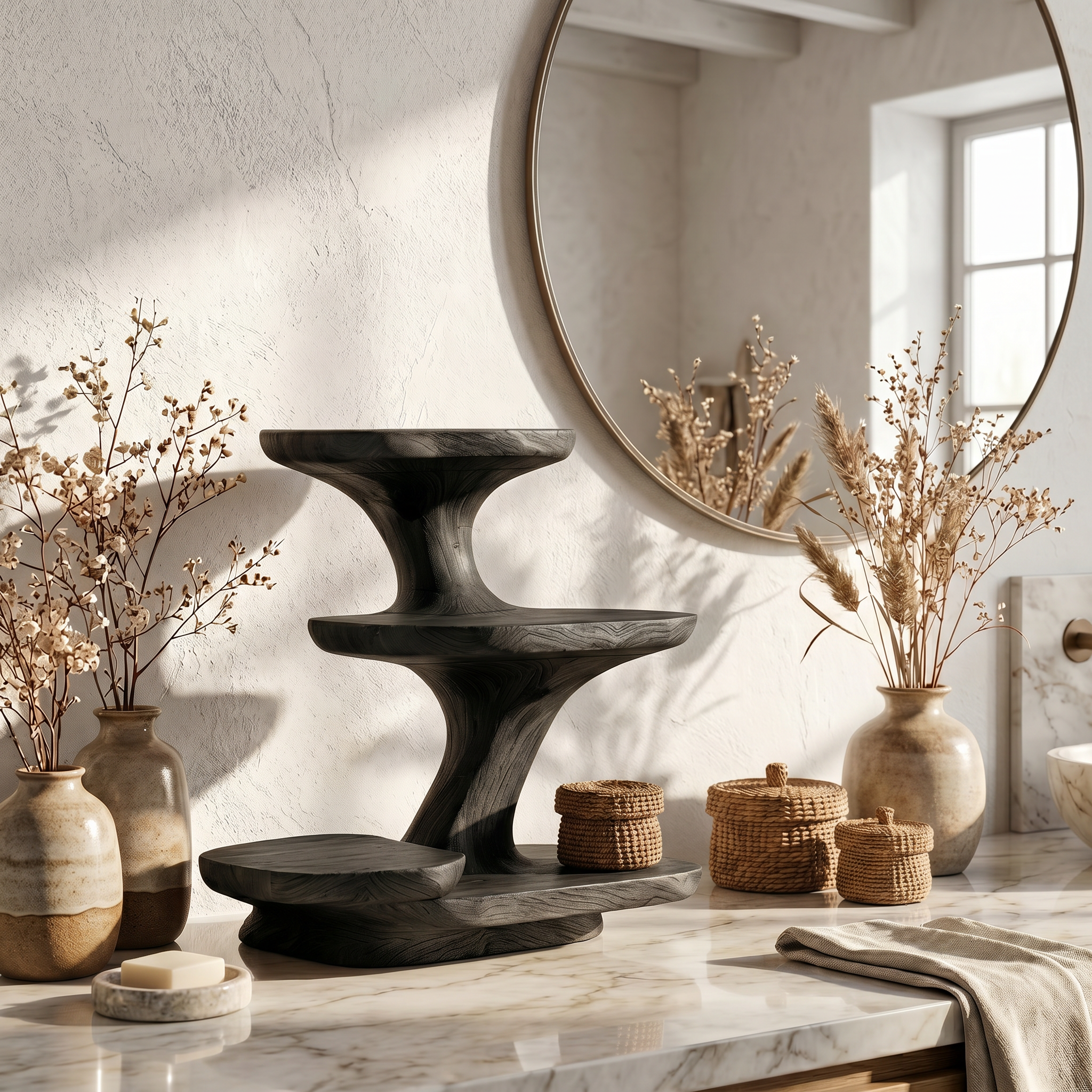 Organic Modern Bathroom Vanity Shelf With Sculptural Tiered Storage For Bathroom