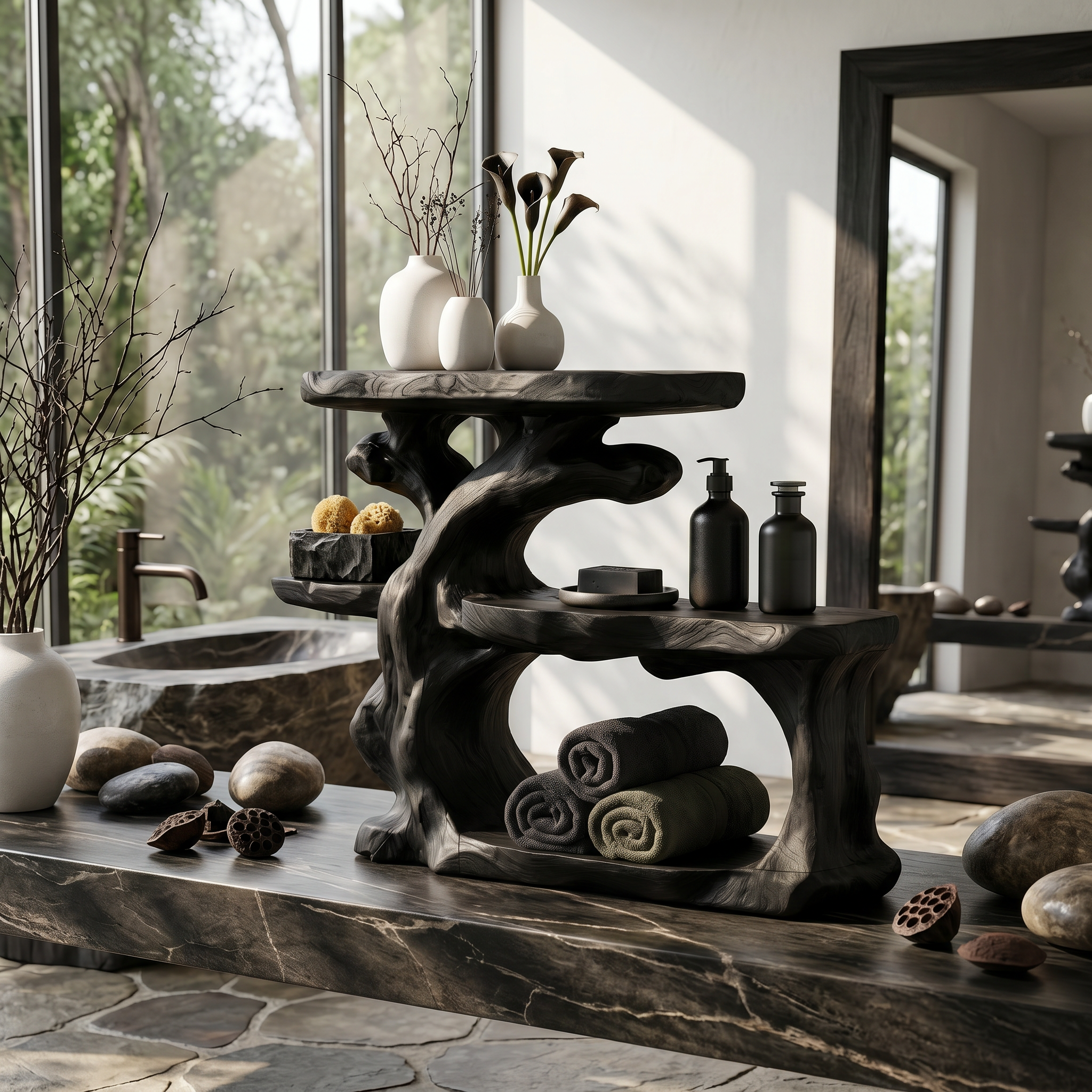 Rustic Bathroom Counter Organizer Shelf With Artistic Wood Form For Bathroom