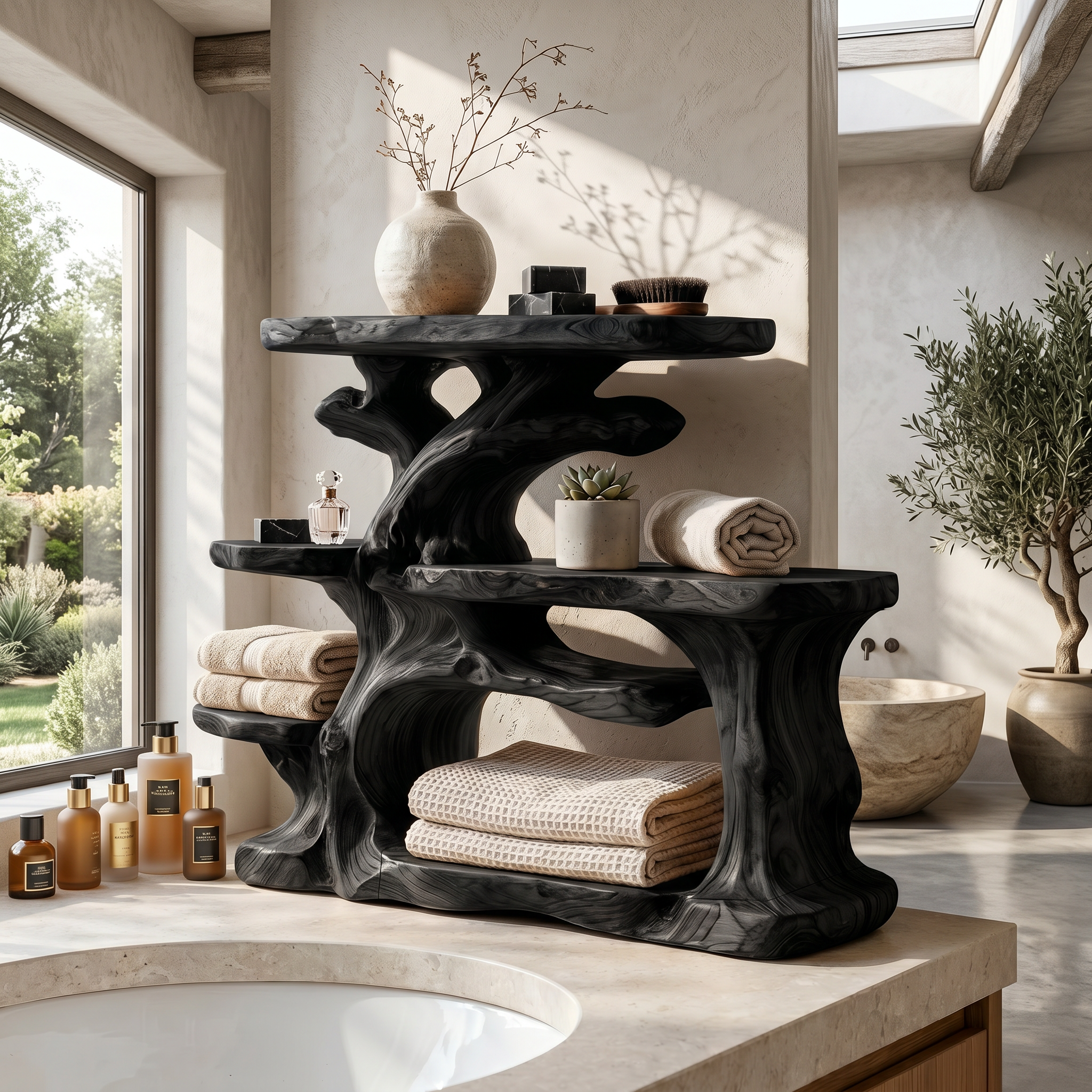 Nature Inspired Bathroom Organizer With Wooden Shelves For Bathroom