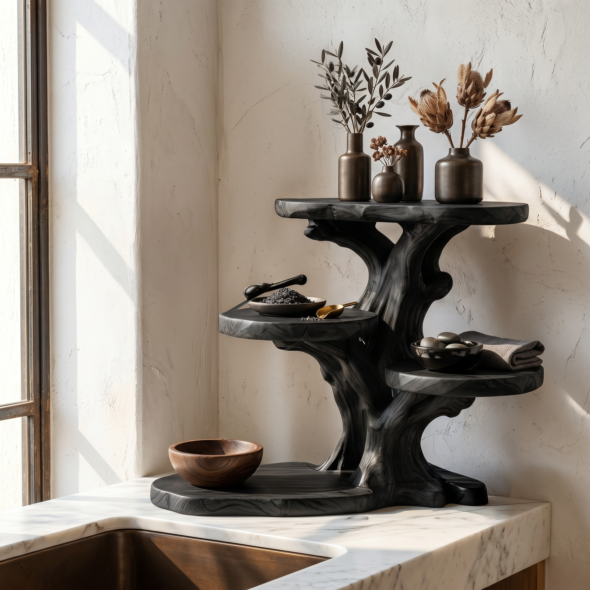 Rustic Tree Bathroom Organizer With Sculptural Display Shelves