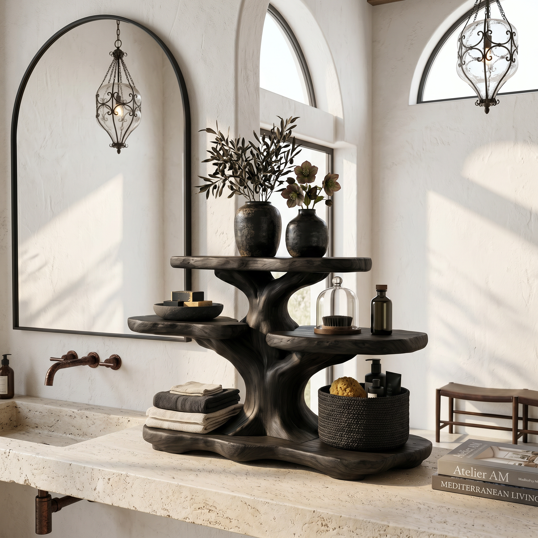 Contemporary Tree Bathroom Organizer With Floating Wood Shelves