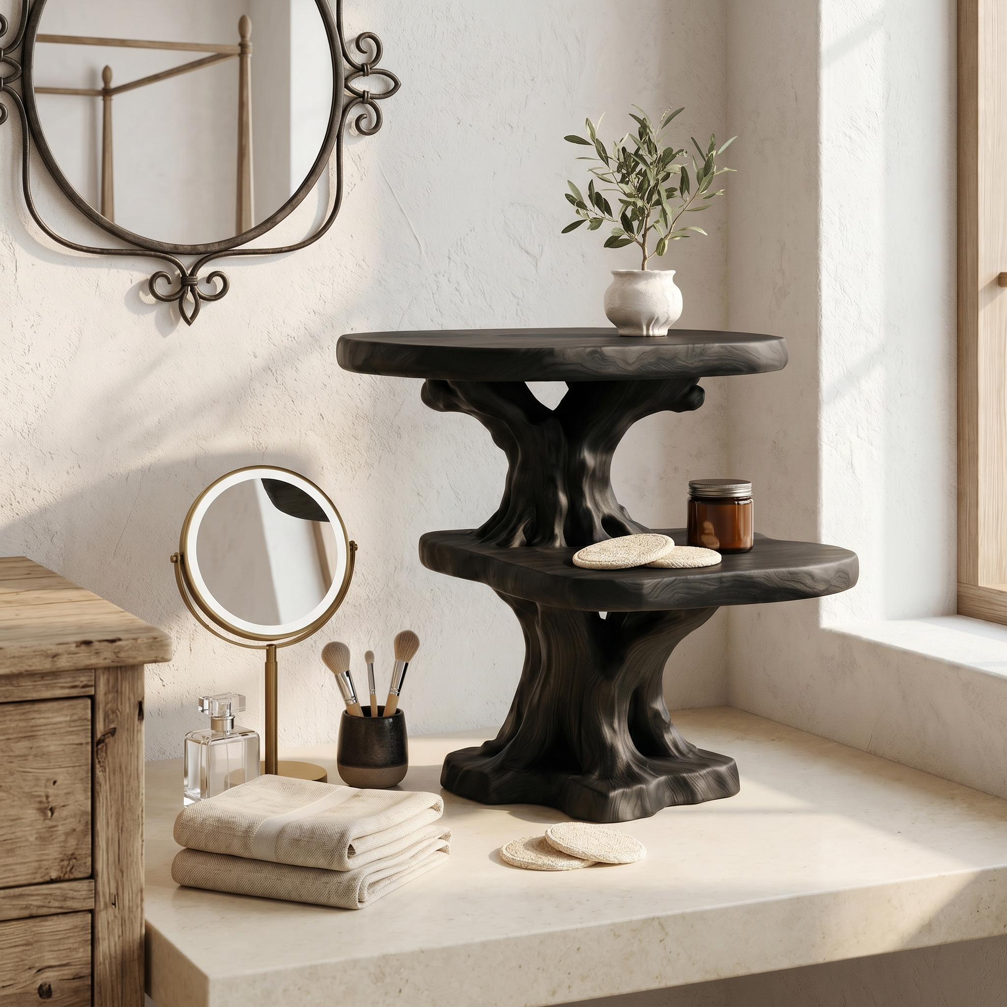 Rustic Tree Bathroom Organizer With Floating Display Shelves