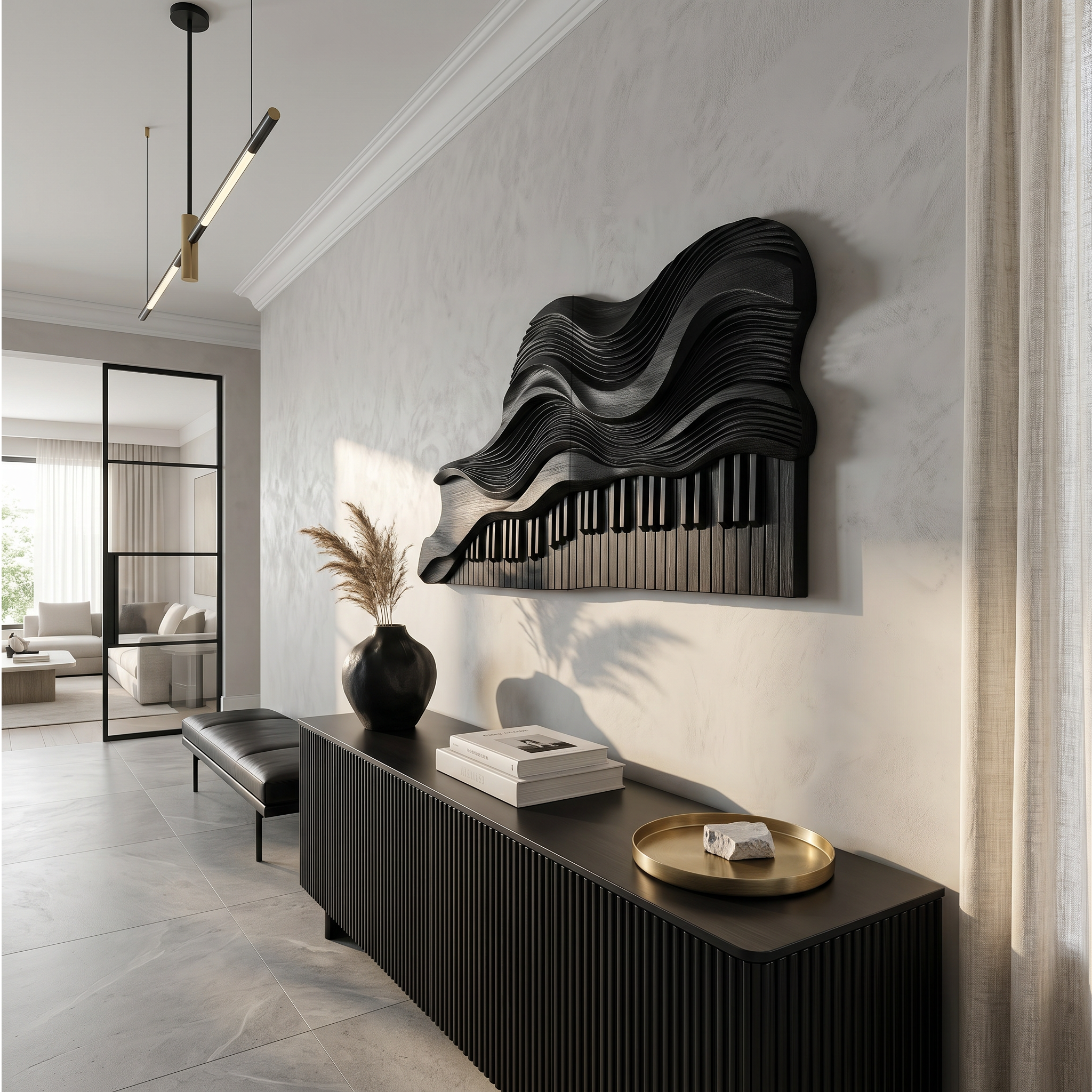 Abstract Piano Wave Wooden Wall Sculpture For Living Room