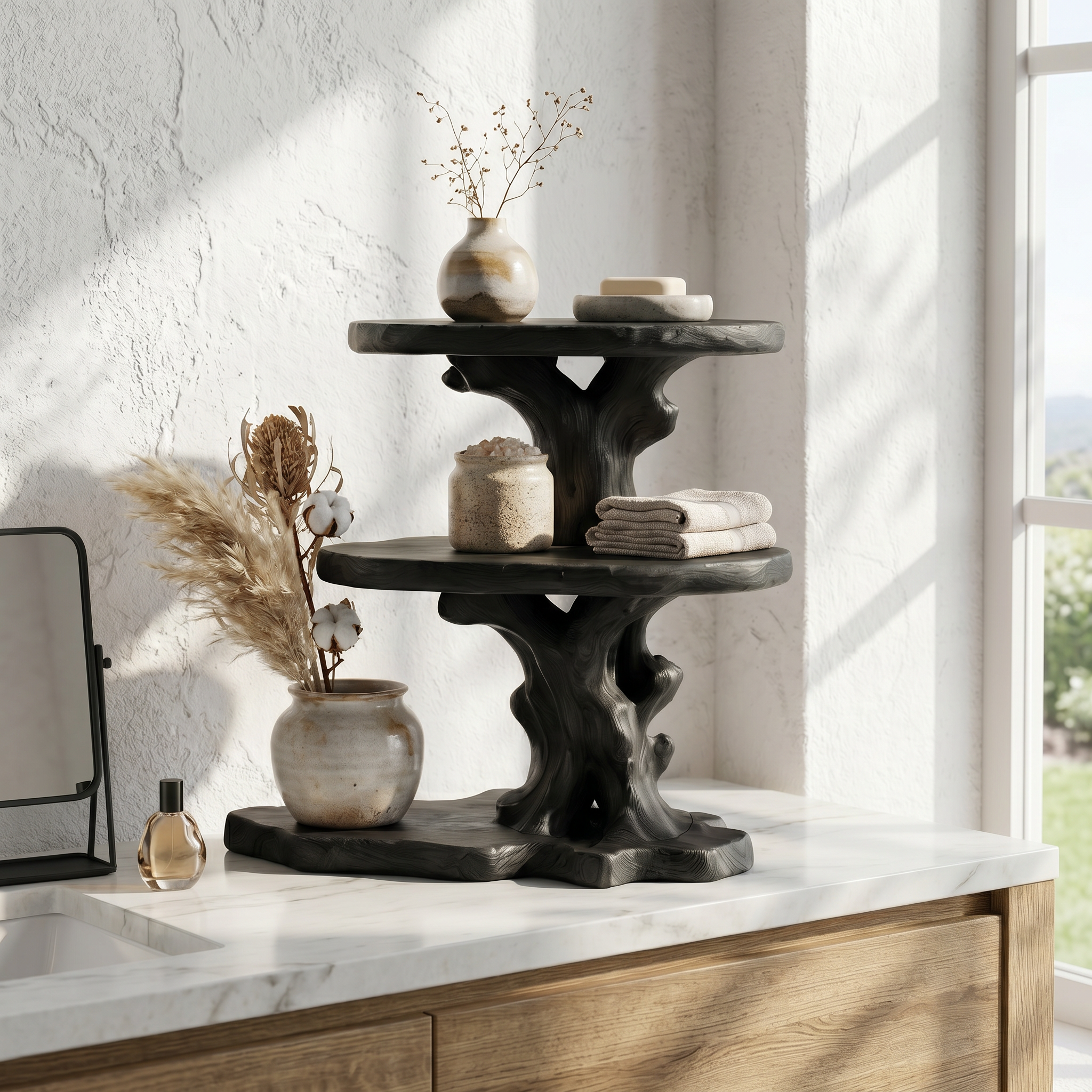 Farmhouse Bathroom Shelf With Tiered Display Storage For Bathroom
