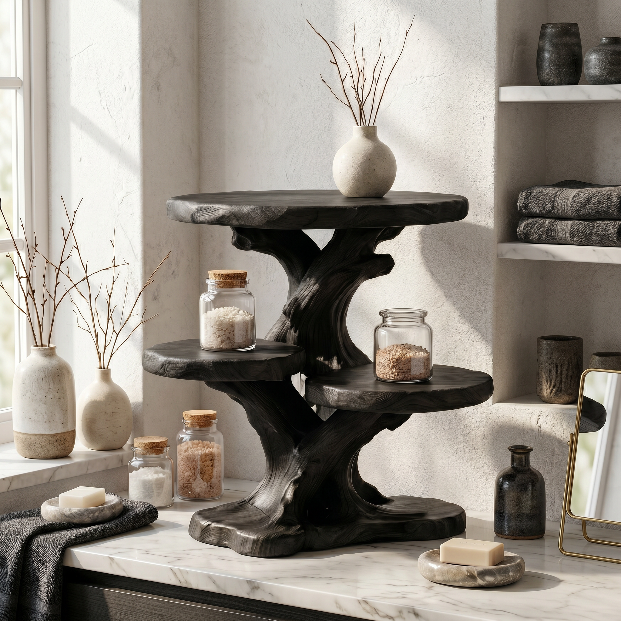 Contemporary Bathroom Counter Shelf With Architectural Design For Bathroom
