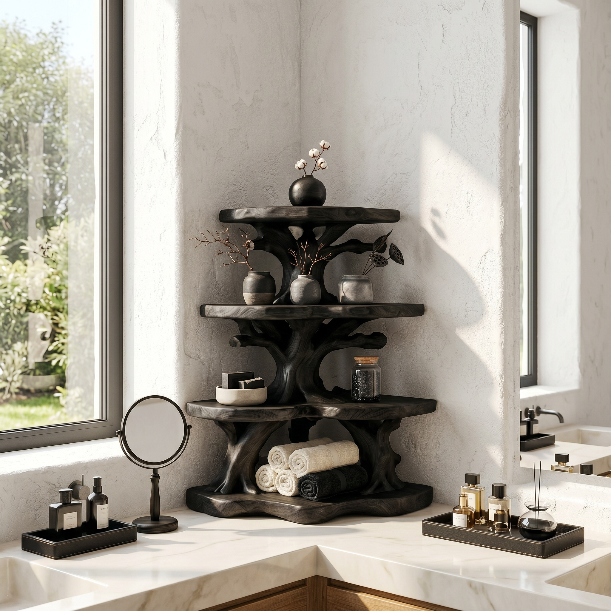 Nature Inspired Corner Bathroom Shelf With Decorative Storage For Bathroom