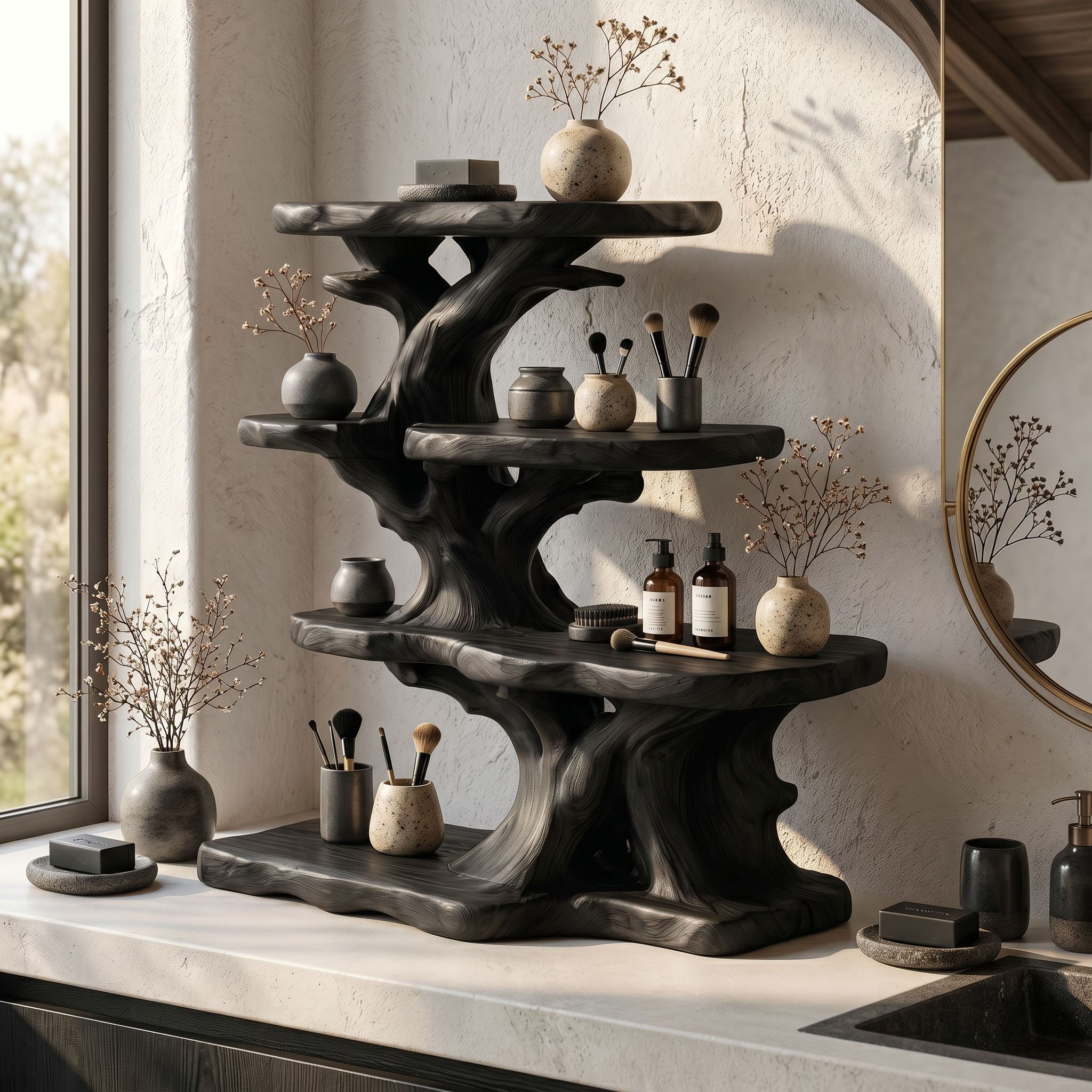 Rustic Bathroom Organizer With Tiered Display Shelves