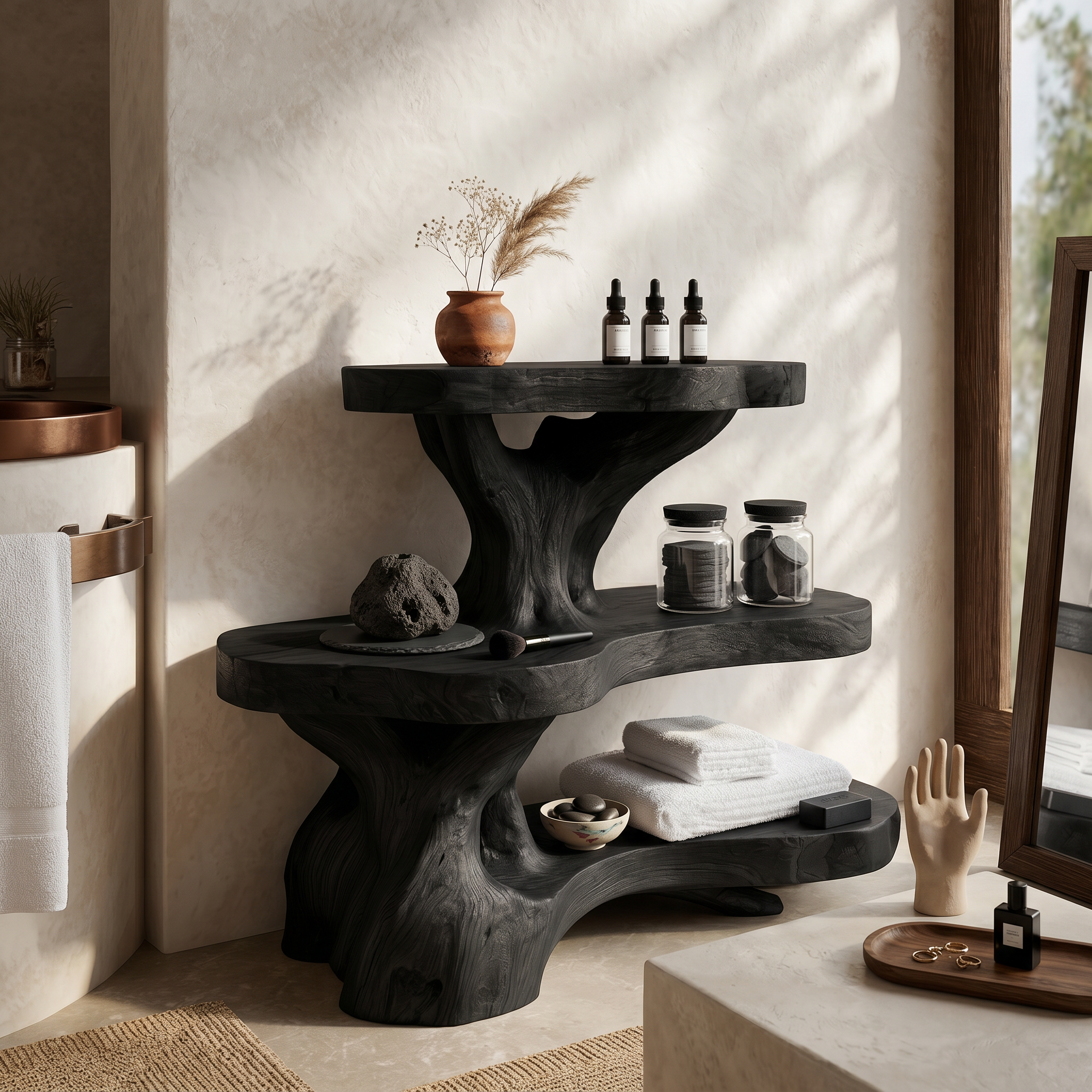 Nature Inspired Bathroom Shelf With Tree Branch Storage For Bathroom