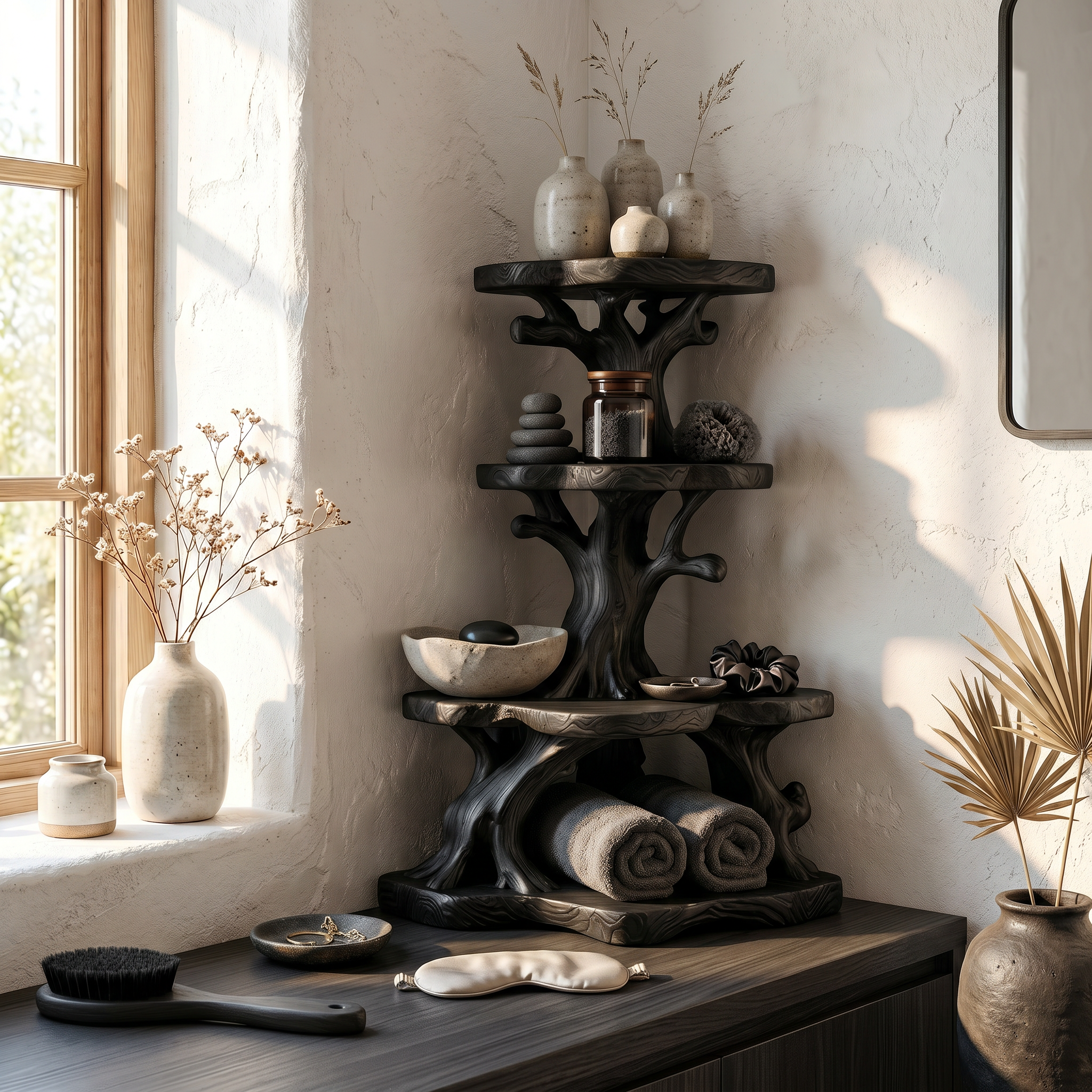 Rustic Bathroom Corner Shelf With Sculptural Wood Display Storage