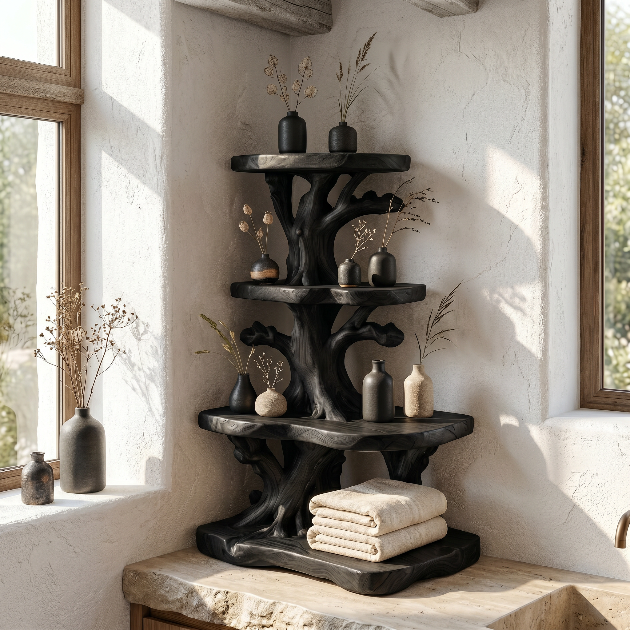 Organic Bathroom Shelf Corner With Floating Display Shelves And Vanity Storage