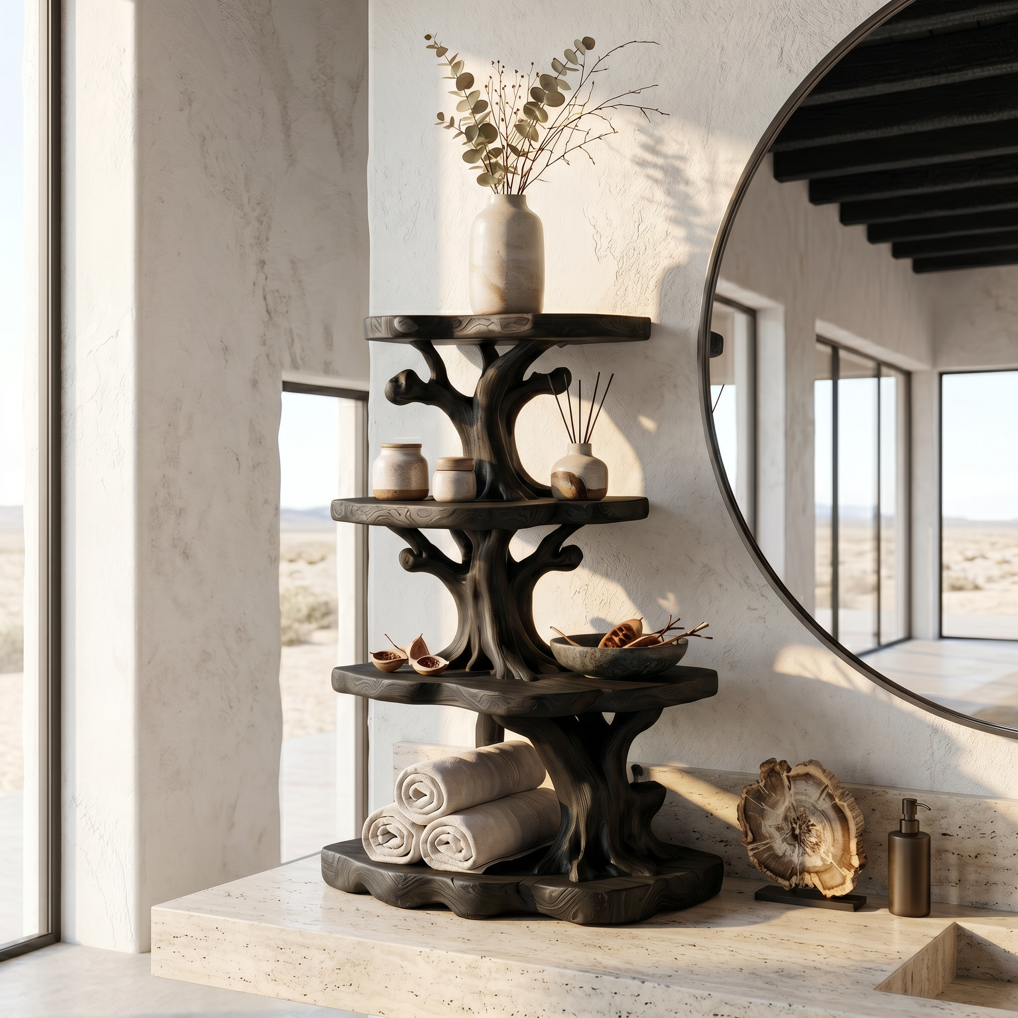 Handcrafted Wooden Bathroom Shelf With Nature Inspired Design For Bathroom