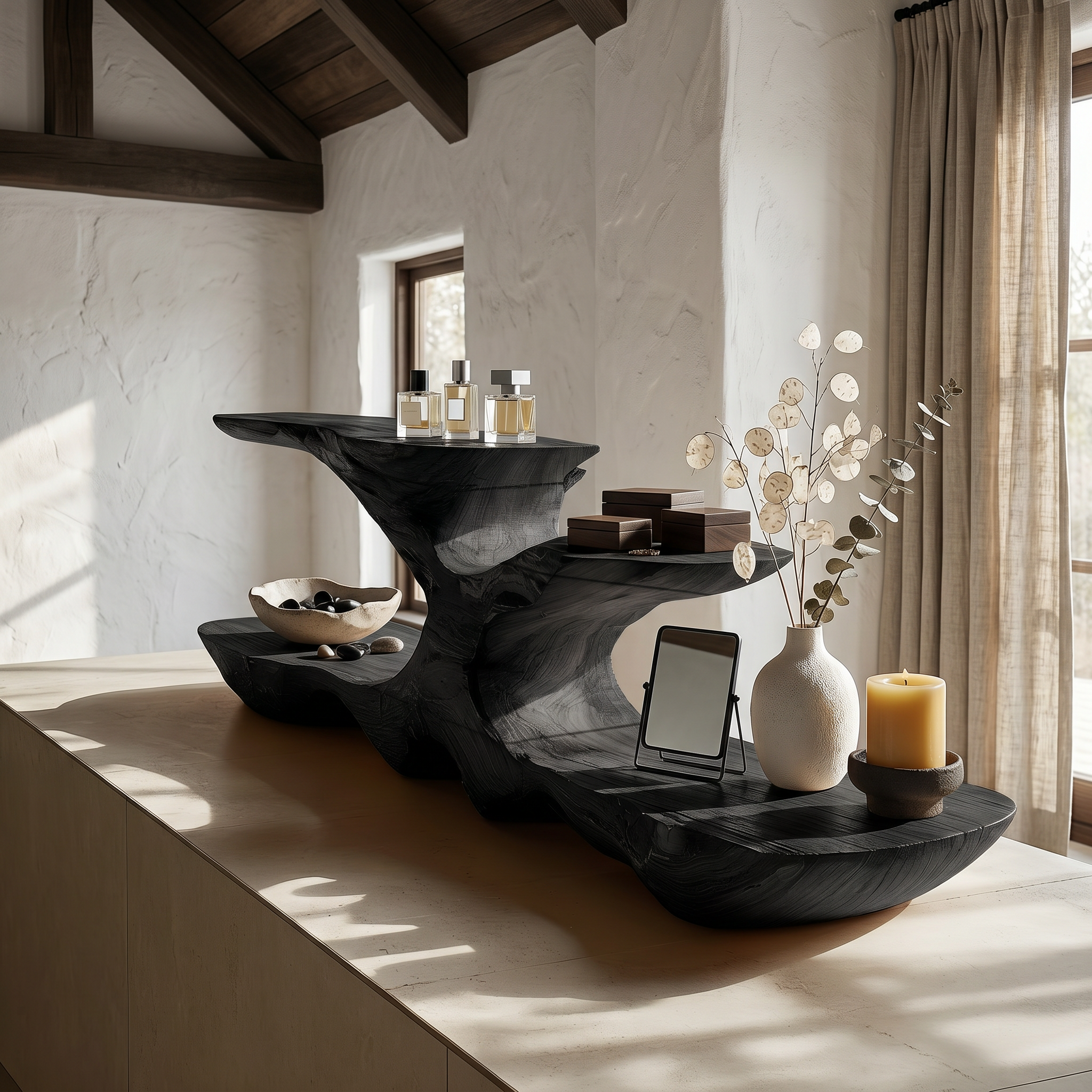 Organic Bathroom Counter Organizer With Sculptural Tiered Shelves