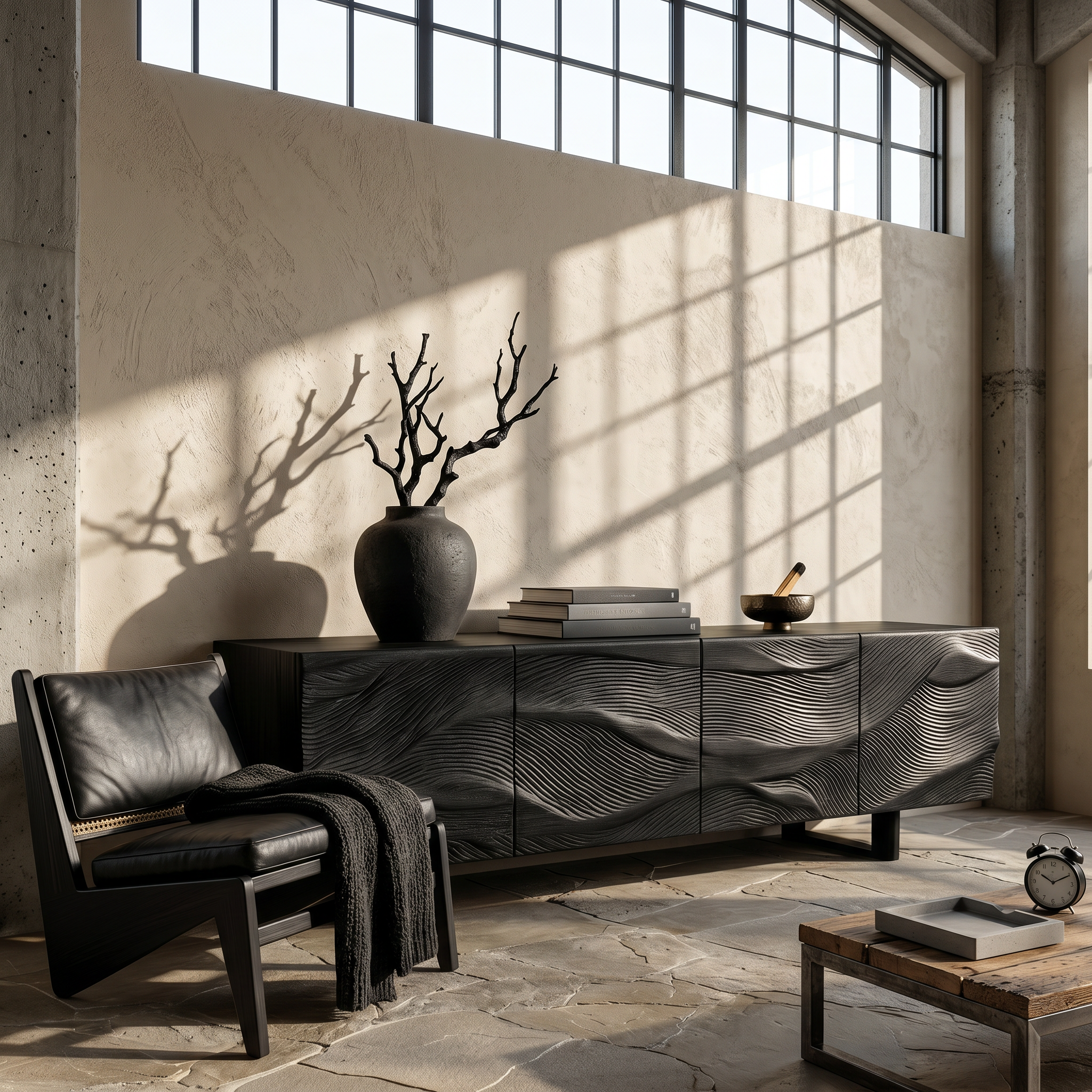 Modern Storage Cabinet With Sunburst Carved Wood Doors For Living Room