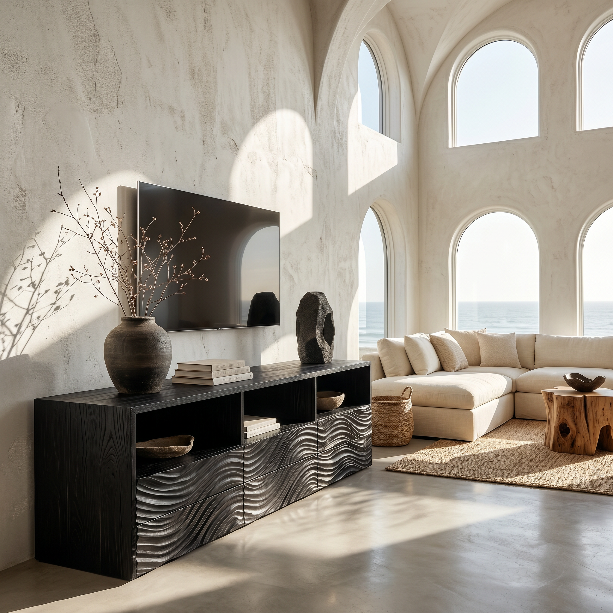 Sculptural Sideboard With Organic Relief Pattern For Living Room