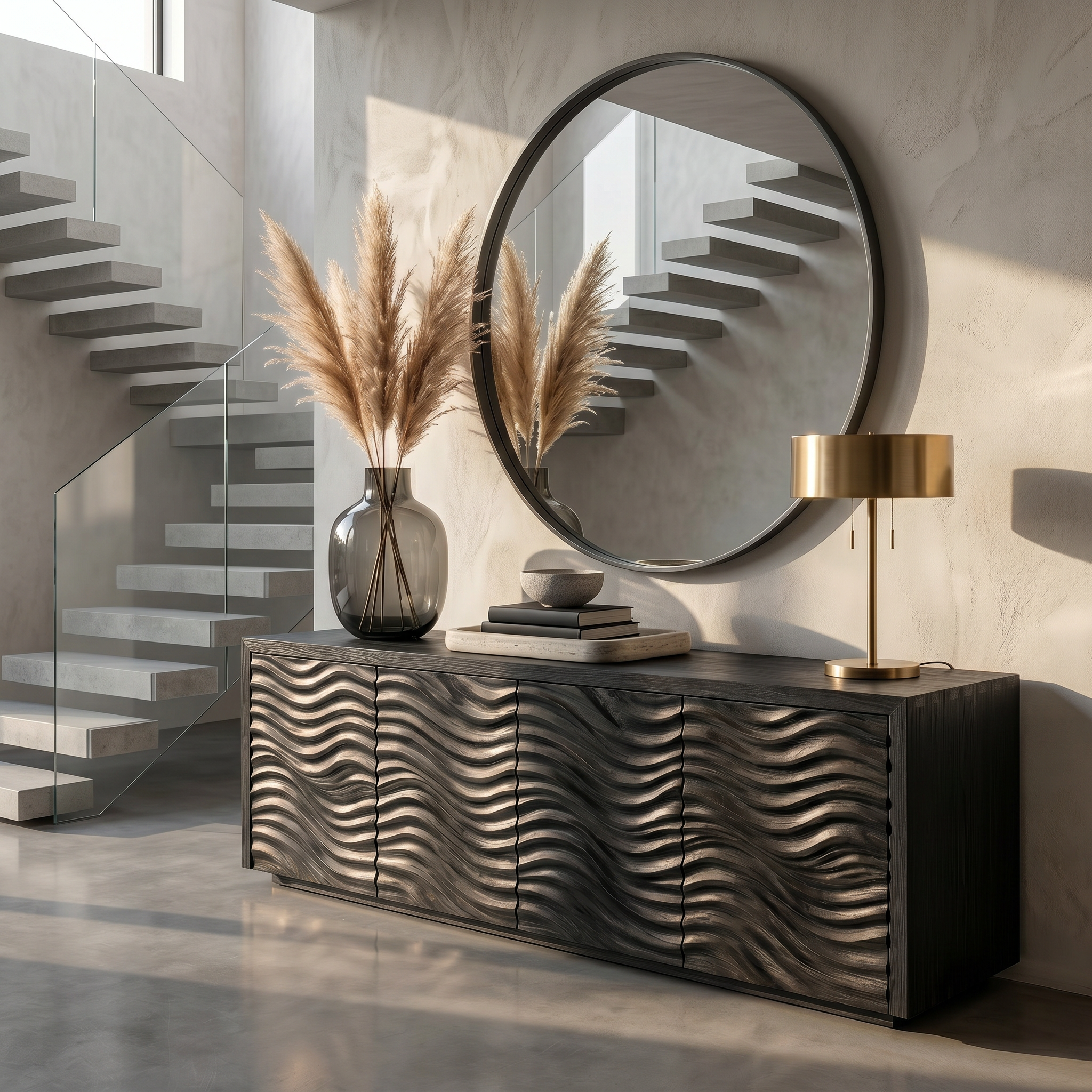Rustic Sideboard With Hand Carved Wave Wood Doors And Solid Wood Storage For Living Room
