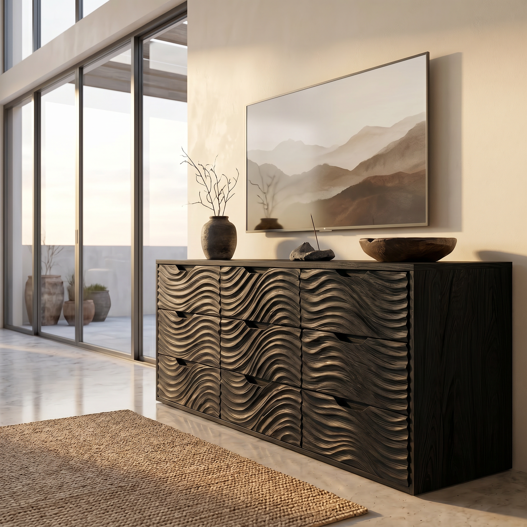 Organic Sideboard With Hand Carved Wave Wood Doors And Solid Wood Storage Cabinet For Living Room