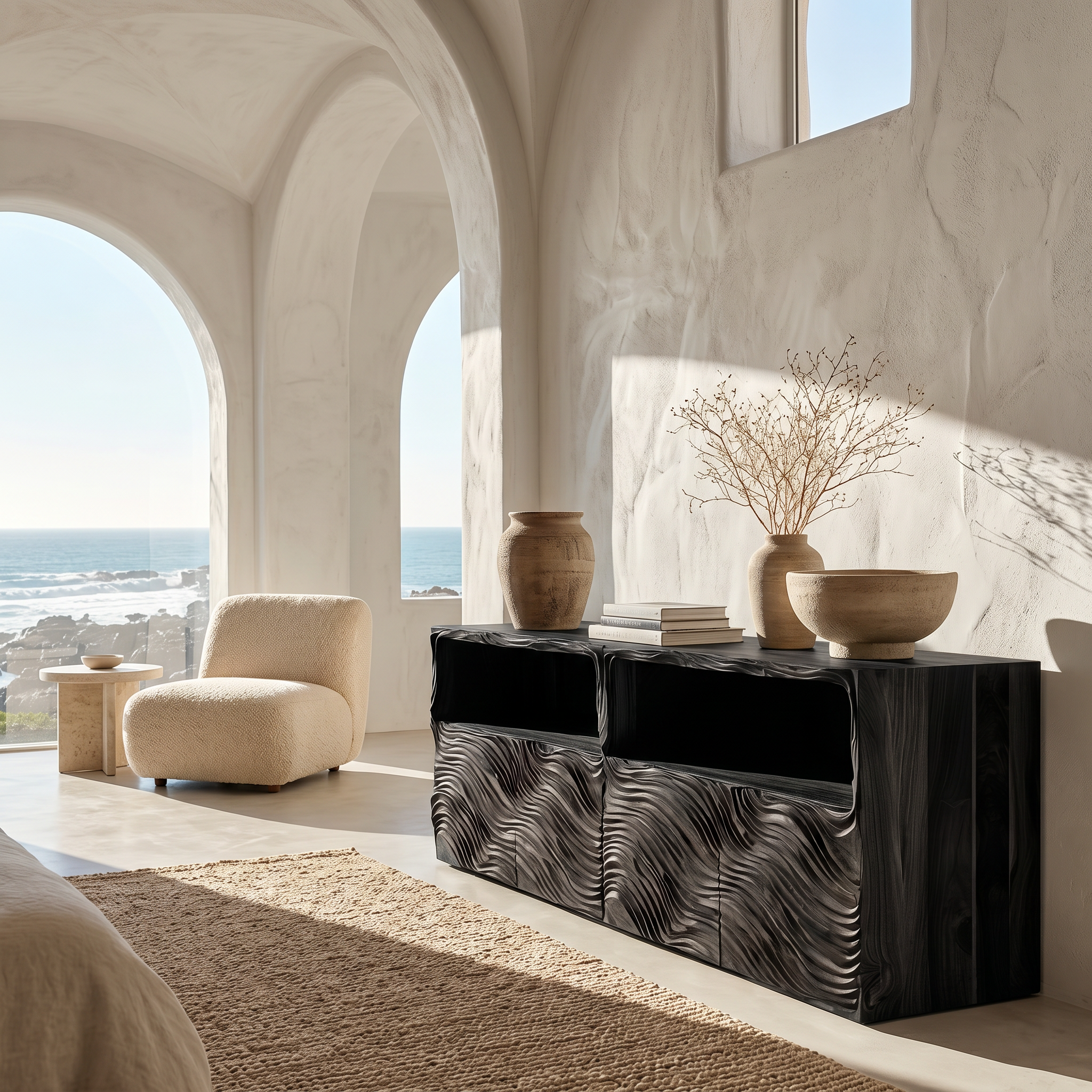 Modern Sideboard With Hand Carved Wave Wood Doors And Open Display Shelves For Living Room