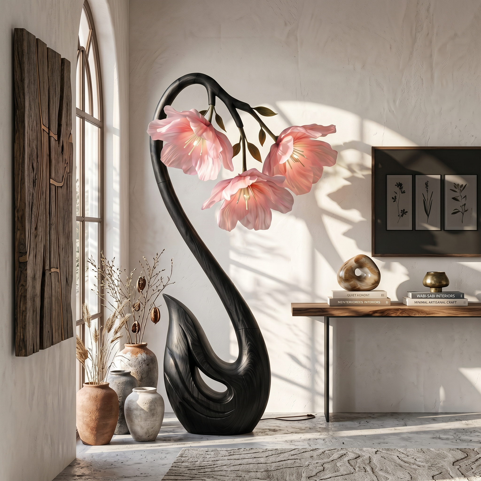 Sculptural Flower Floor Lamp Organic Wood Design For Living Room