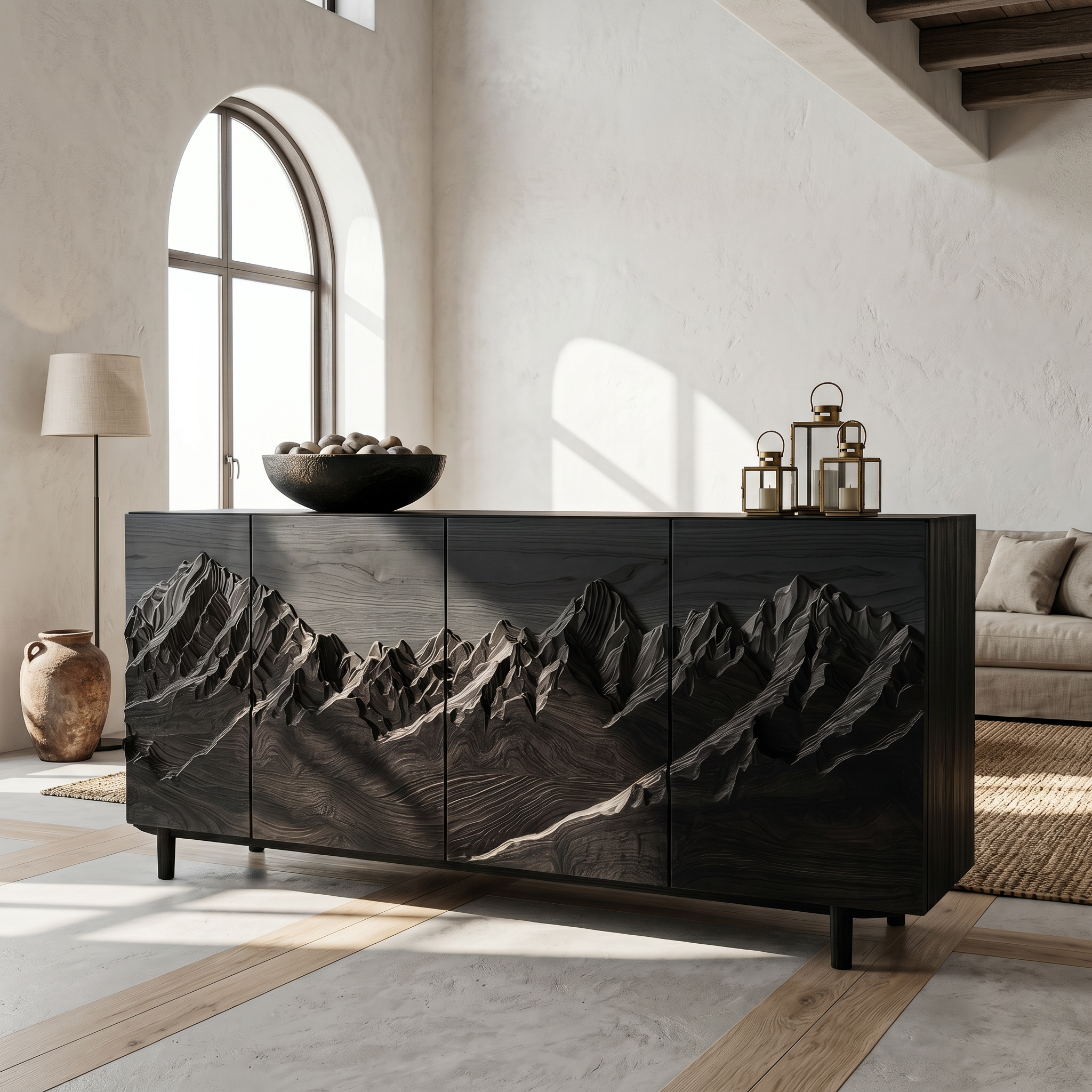 Rustic Mountain Landscape Sideboard With Carved Wood Doors For Living Room And Entryway