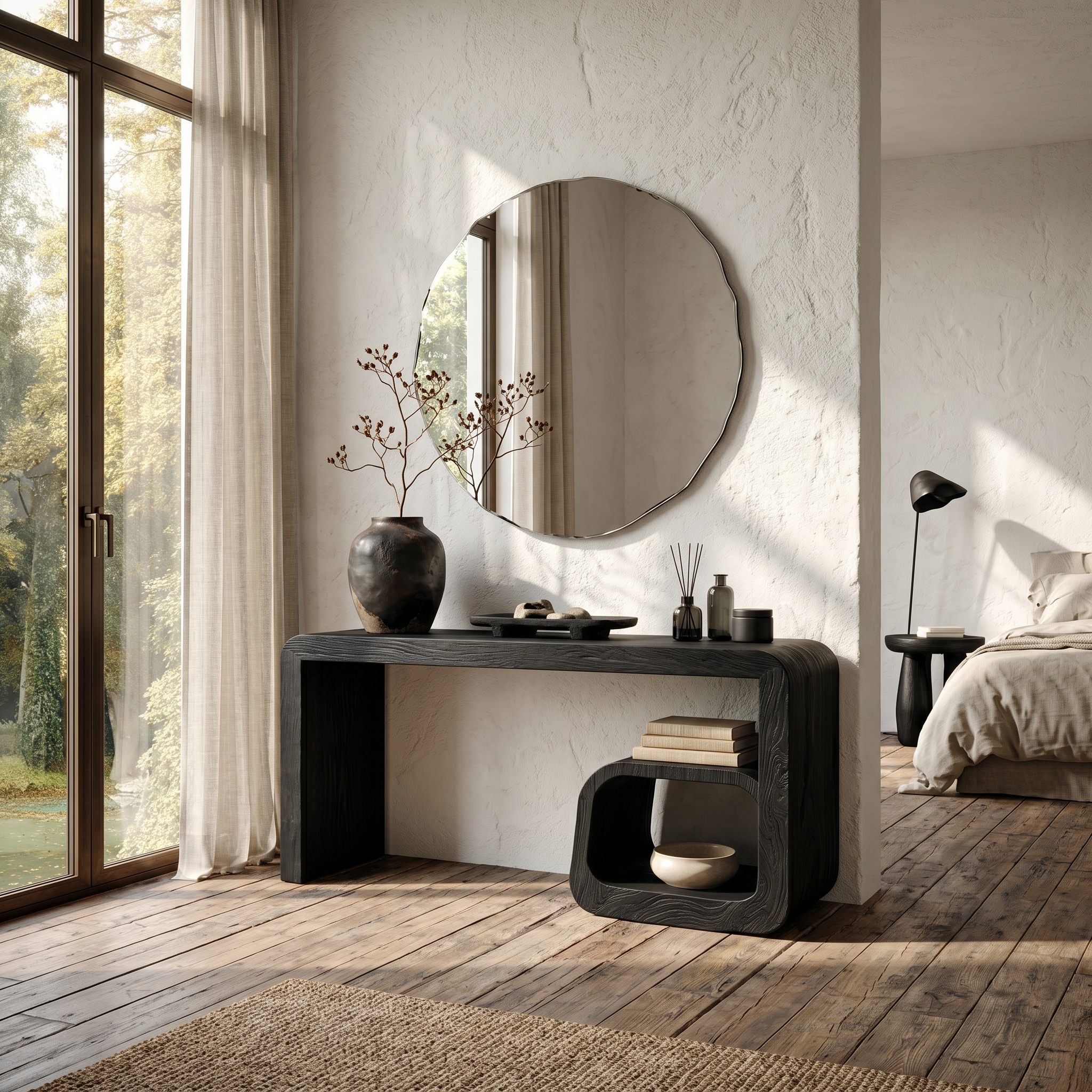 Sculptural Dressing Table With Curved Wood Silhouette For Bedroom Decor