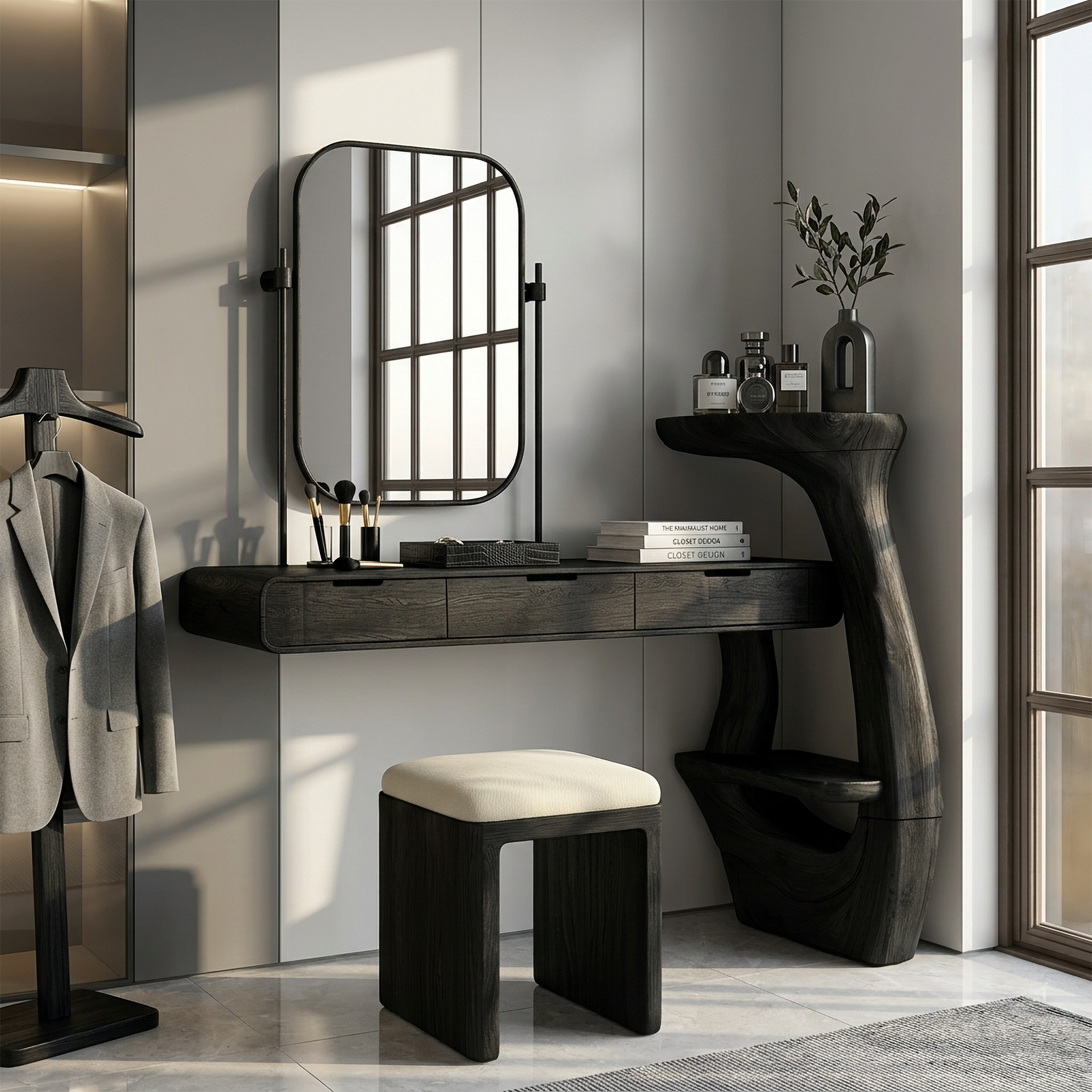 Sculptural Dressing Table With Handcrafted Wood Structure For Bedroom