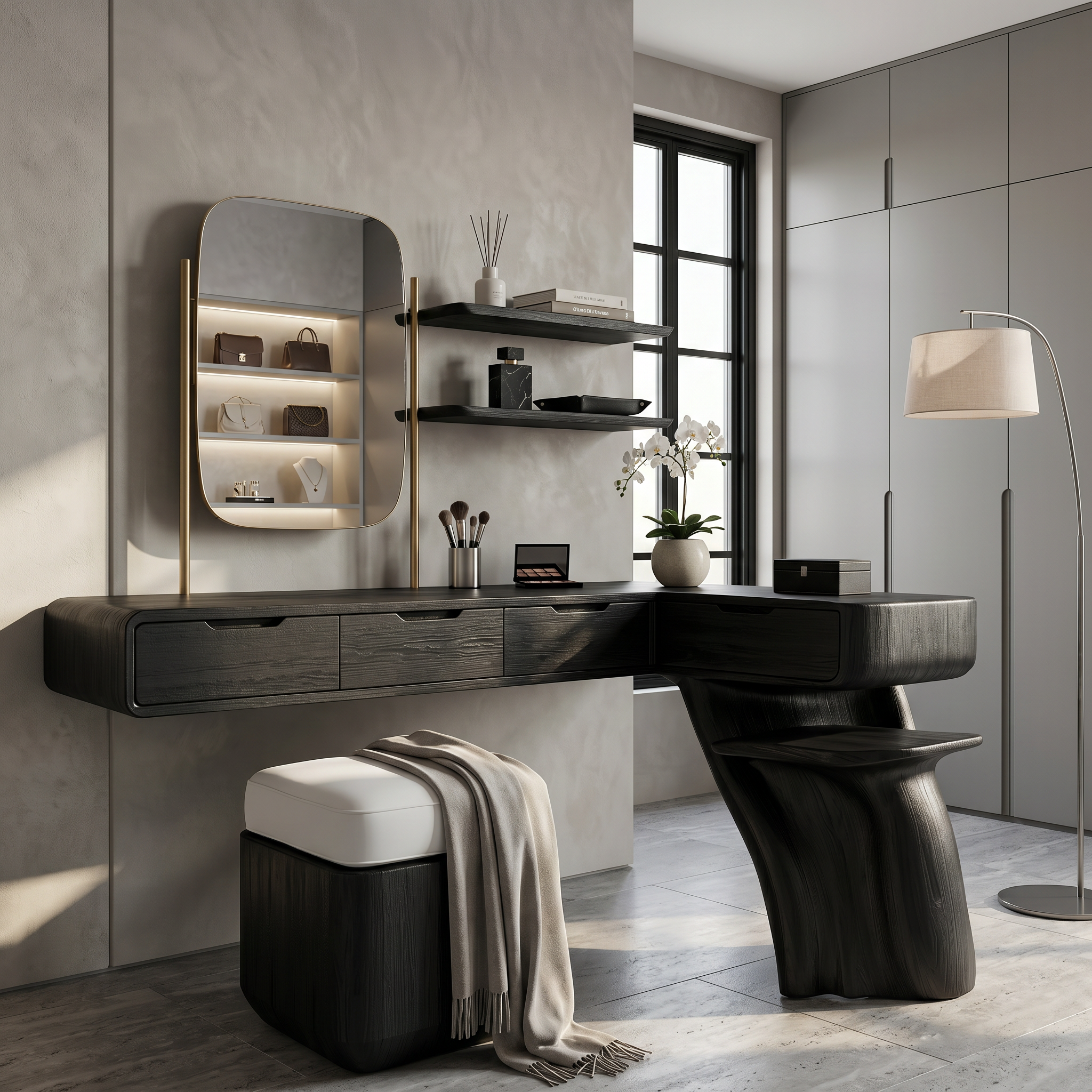 Nature Inspired Dressing Table With Sculptural Wood Design For Bedroom