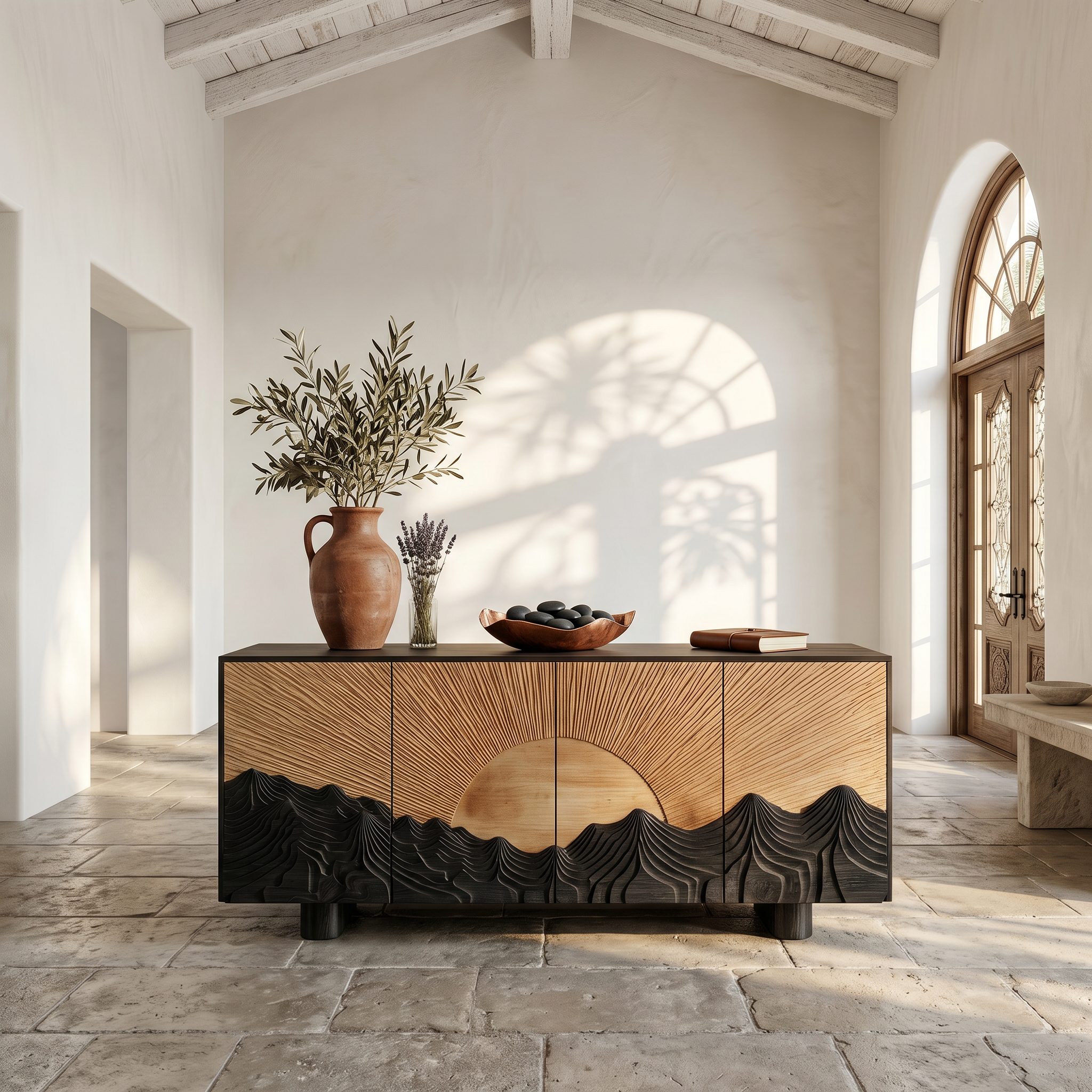 Rustic Mountain Sunrise Sideboard With Carved Wood Doors For Living Room