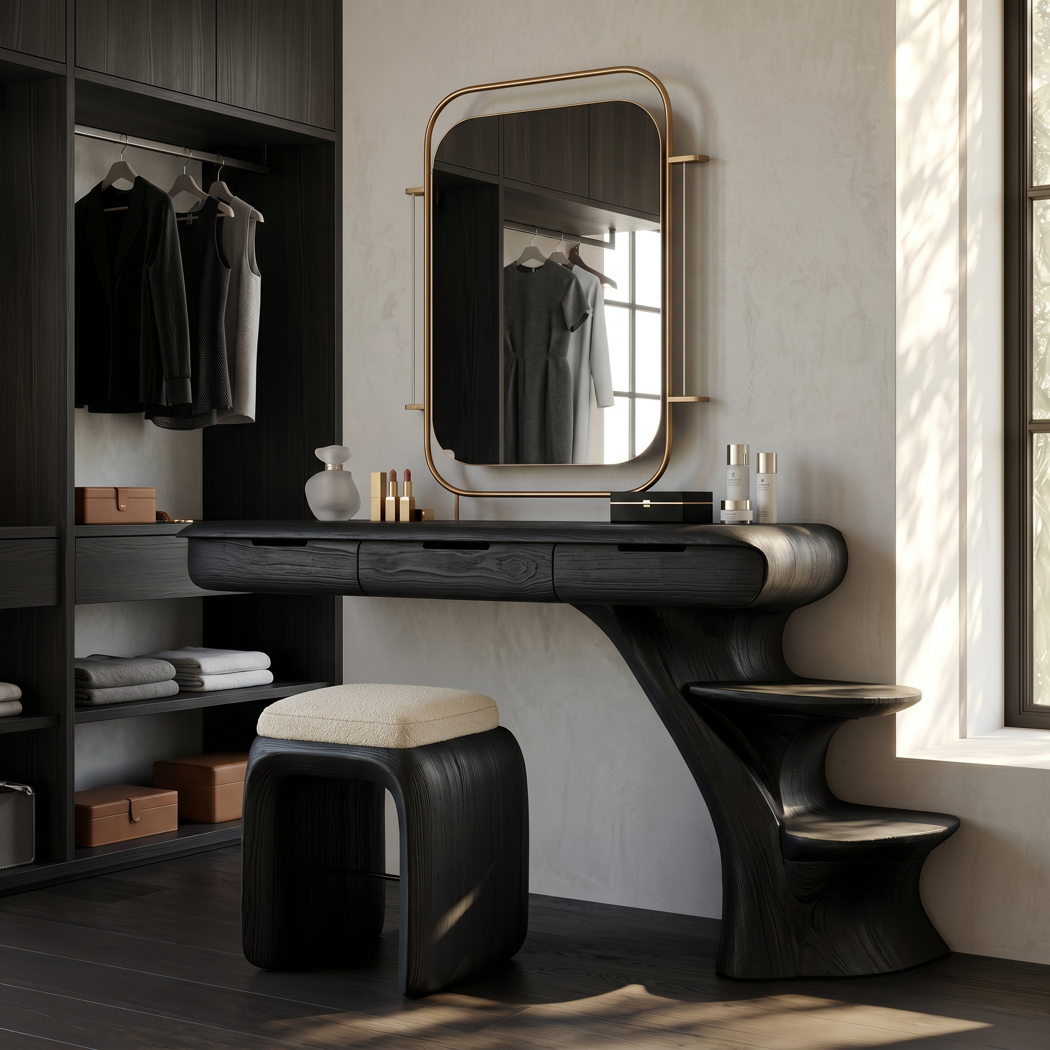Sculptural Dressing Table With Open Storage Shelves For Bedroom