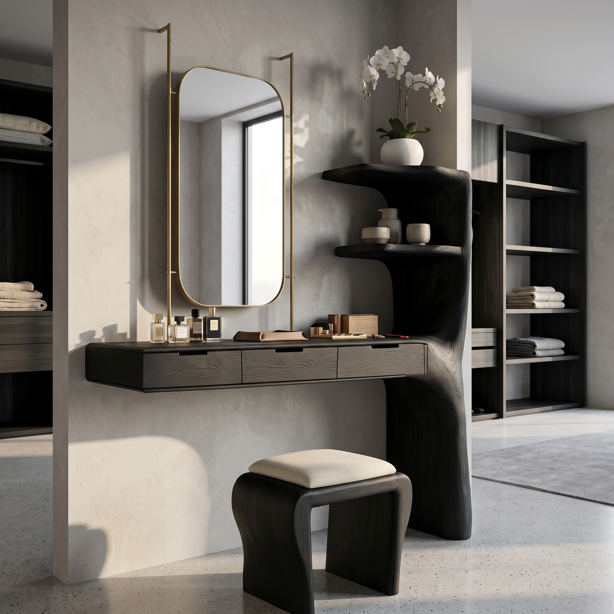 Organic Dressing Table With Built In Storage Shelves For Bedroom And Dressing Room