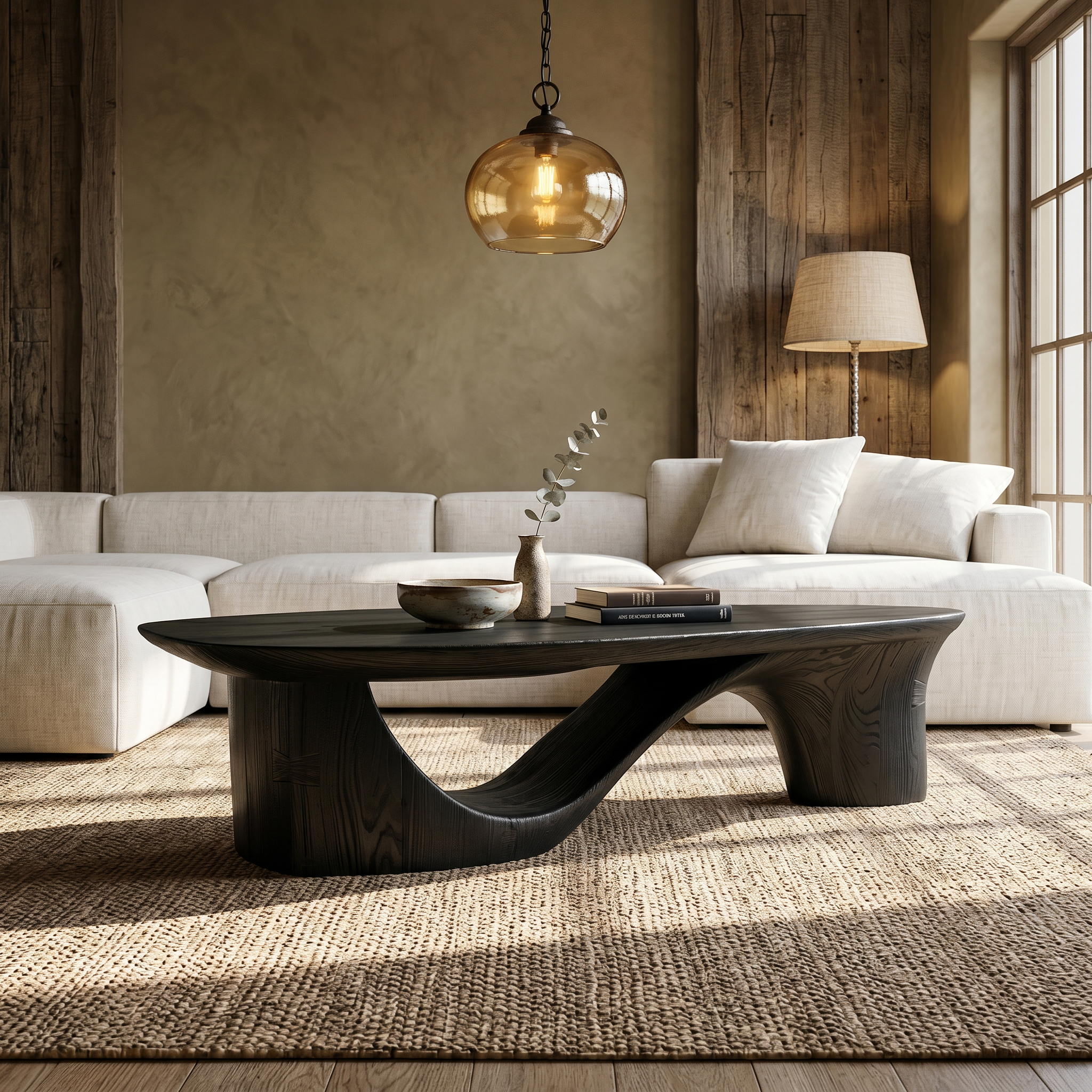 Contemporary Coffee Table With Sculptural Wooden Base For Living Room