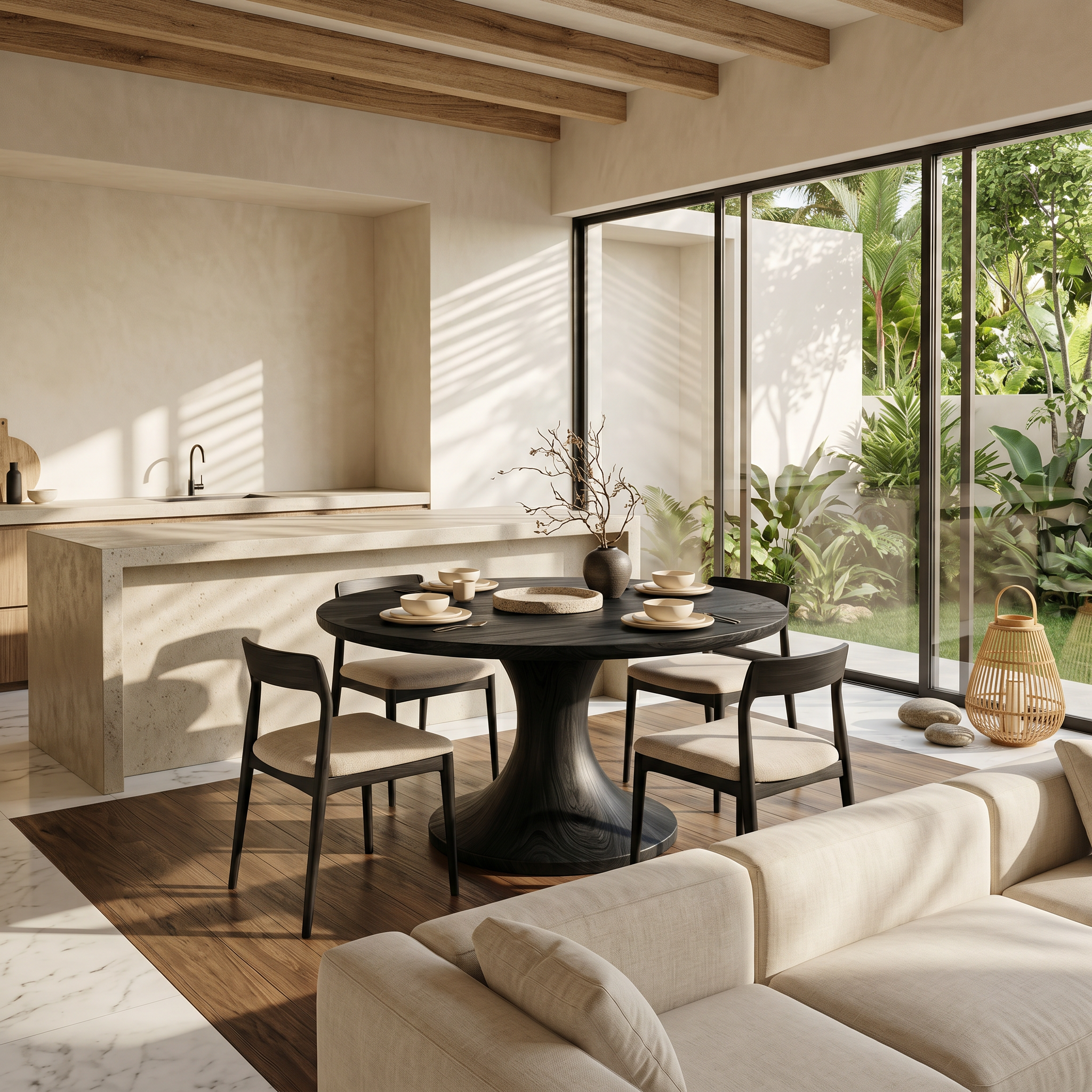 Contemporary Dining Table With Handcrafted Solid Wood Pedestal For Kitchen