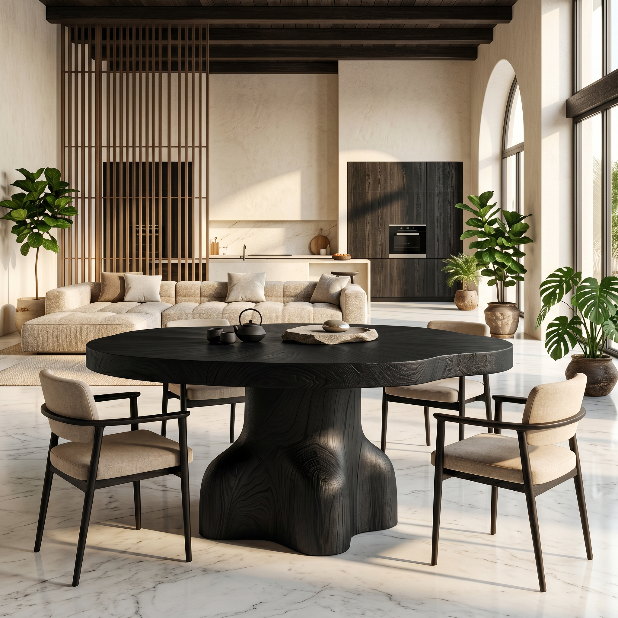 Contemporary Round Dining Table With Sculptural Solid Wood Pedestal For Dining Room