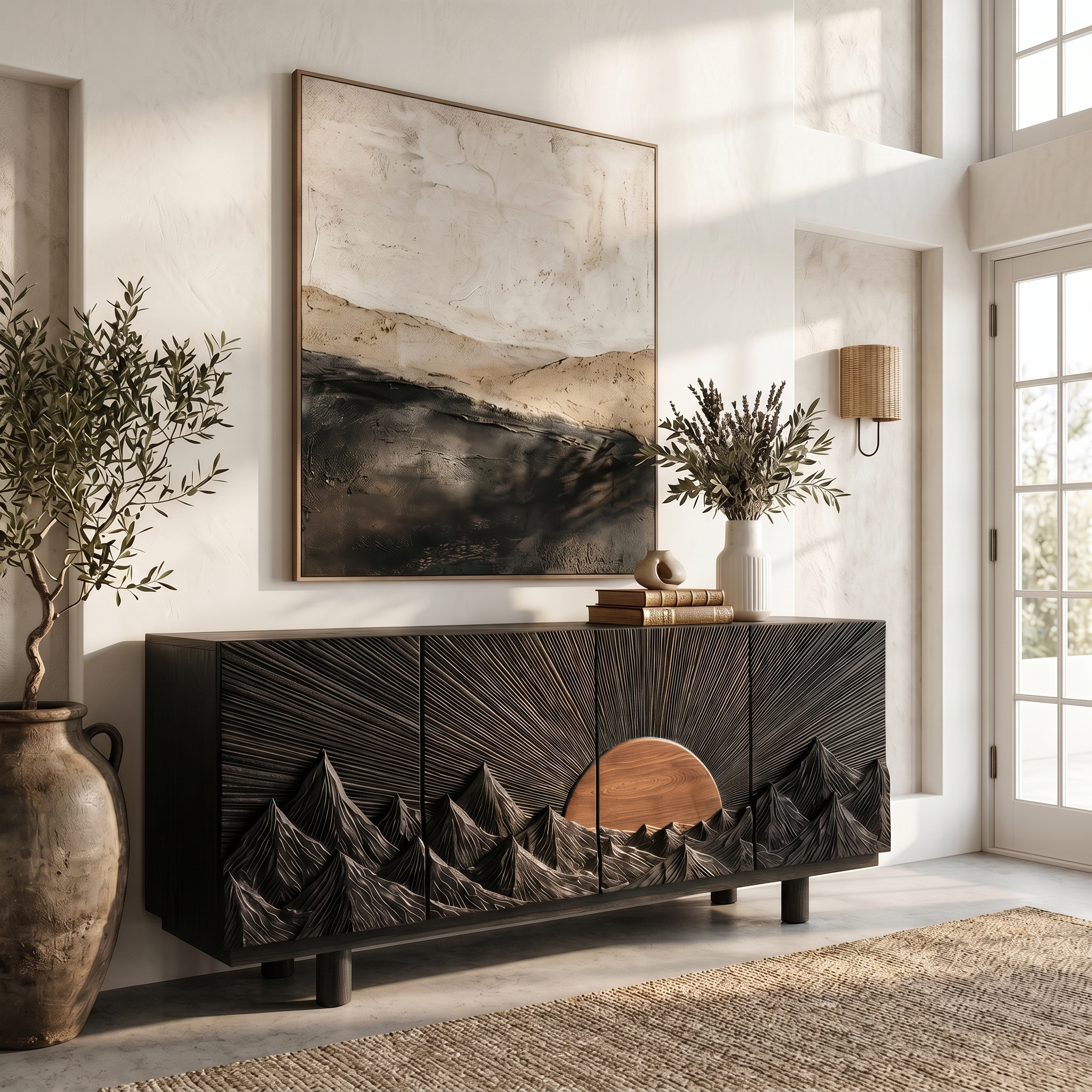 Rustic Mountain Sunrise Sideboard With Carved Wood Doors For Living Room